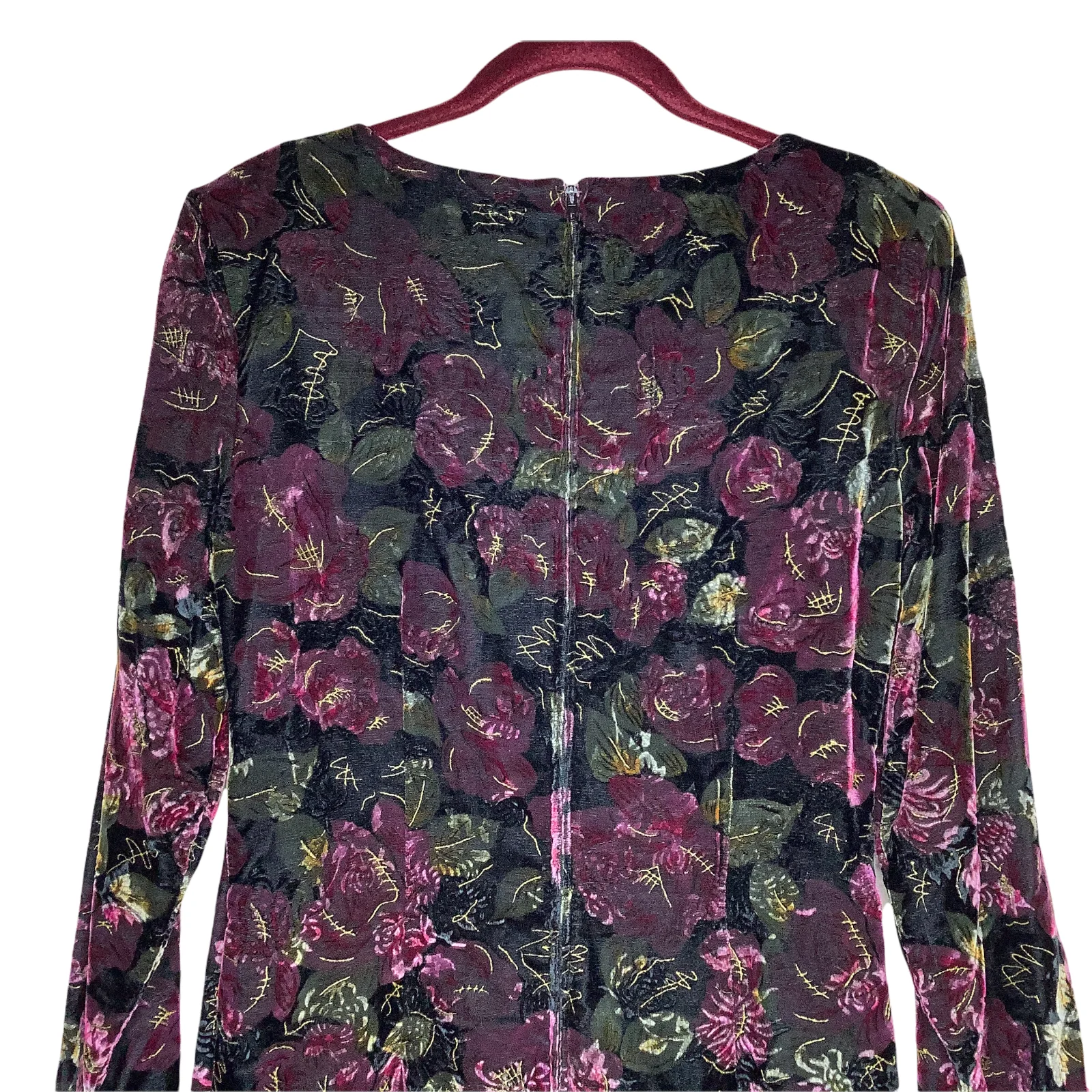Vintage Dress 90s Velvet Velour Floral Sheath 9/10 Prom Party Sweetheart Neck S by Concepts - Image 7