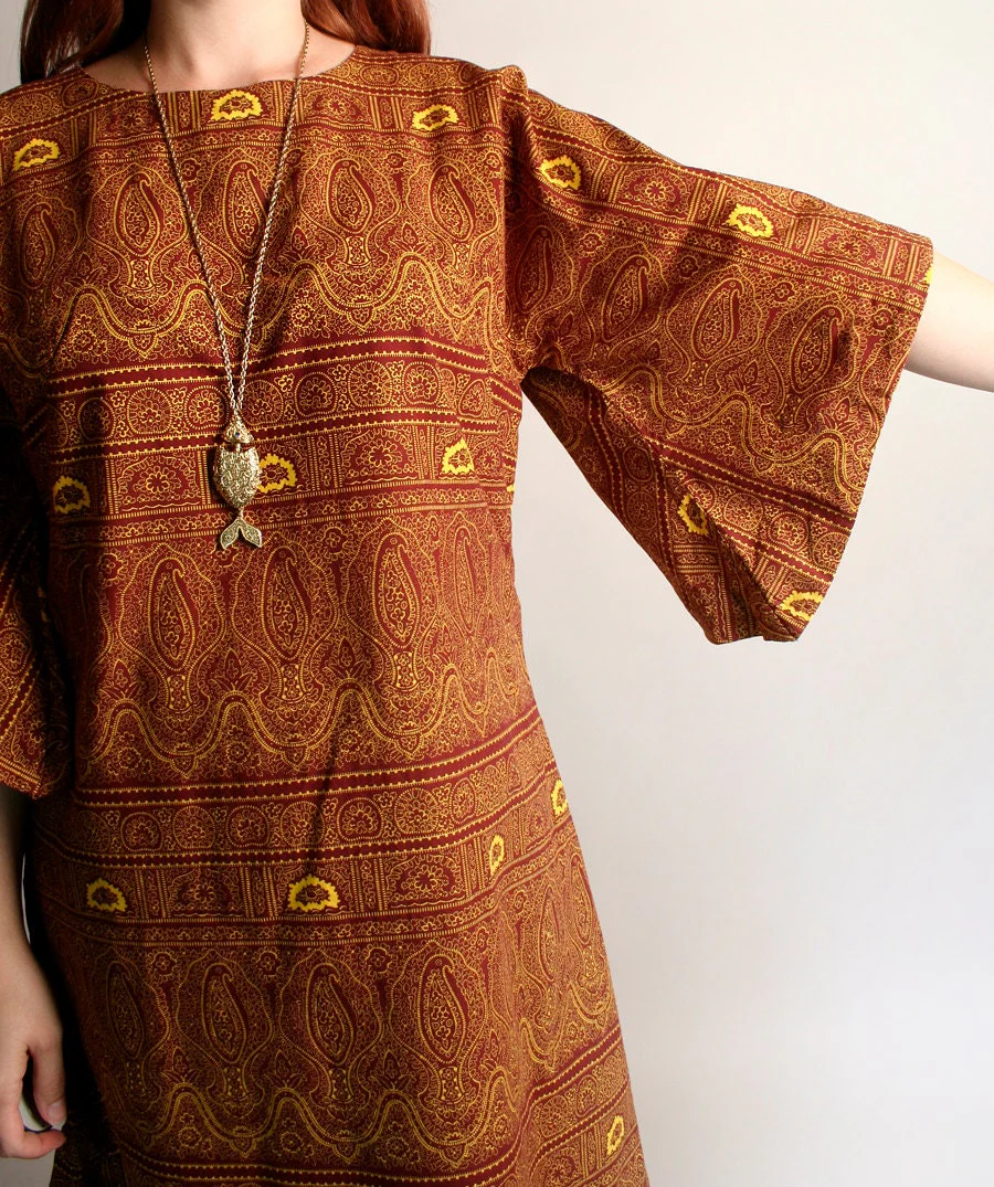 Vintage Dress Angel Wing Sleeve Loose Fit Tunic Dress African Festival Burgundy Brown Yellow Medium Large by Dashiki - Image 5