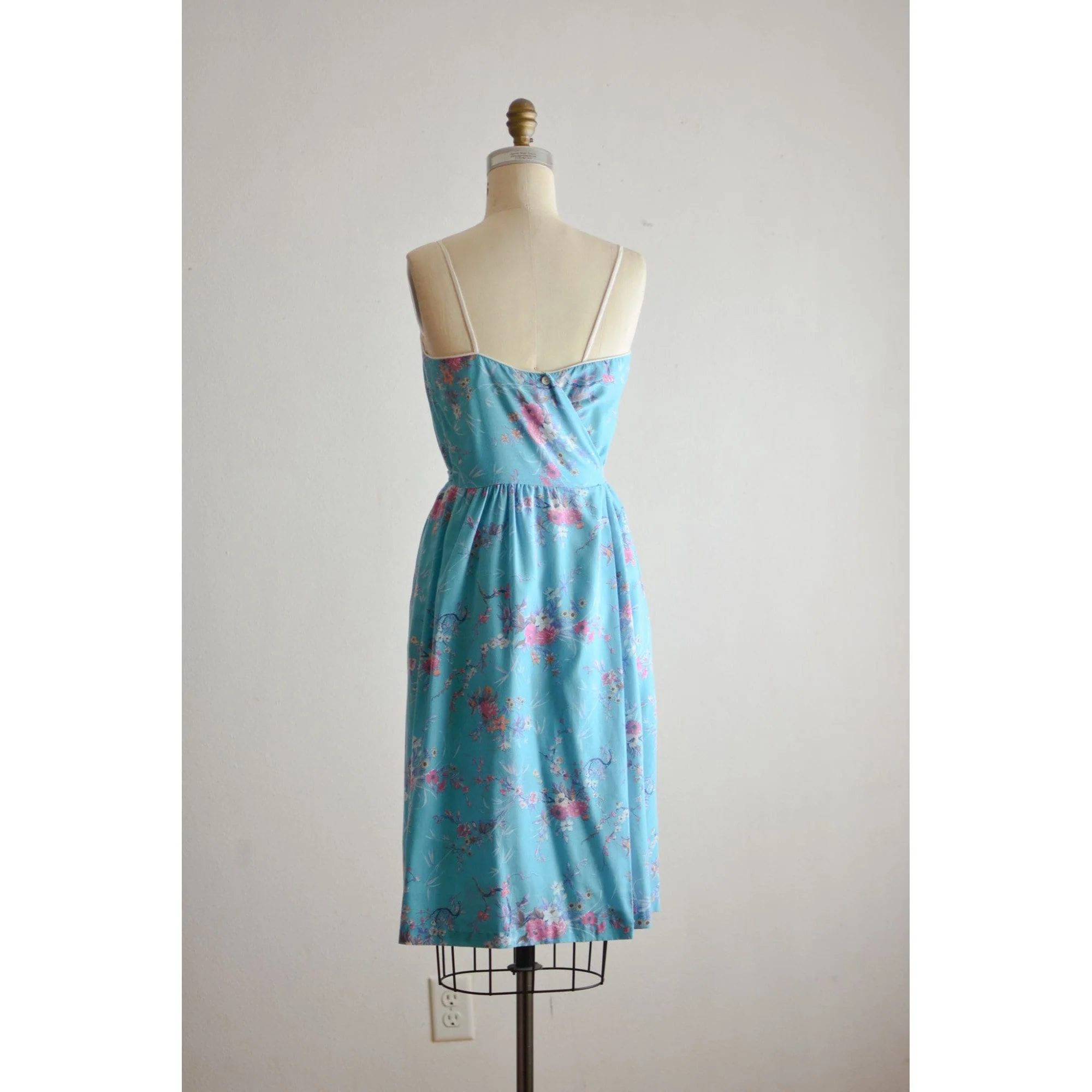 Vintage Dress Blue Floral Wrap Style Pink Yellow Romantic - Image 2