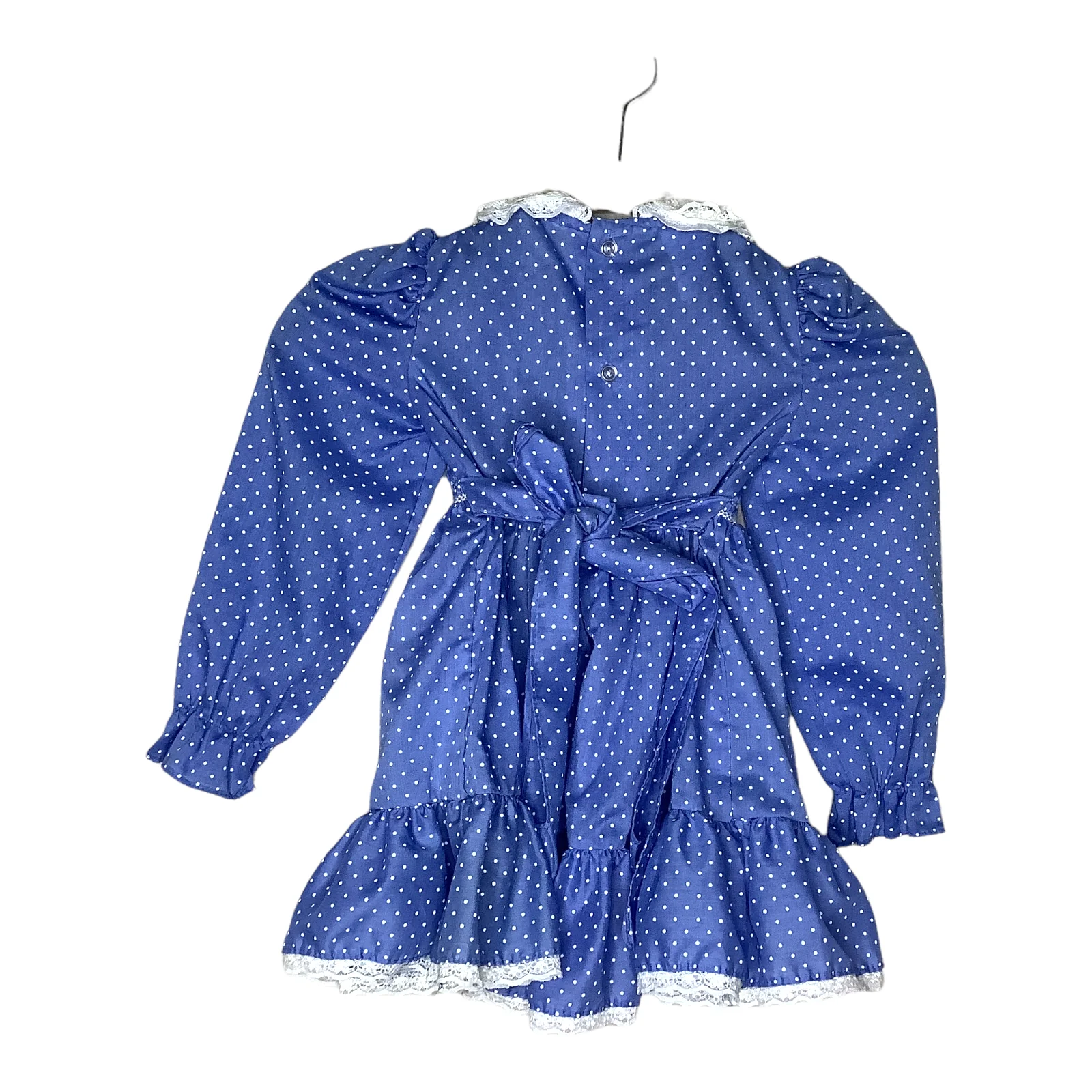 Vintage Dress Girls 4t Blue White Polka Dot Floral Ruffle Lace Smocked Prairie by Polly Flinders - Image 2