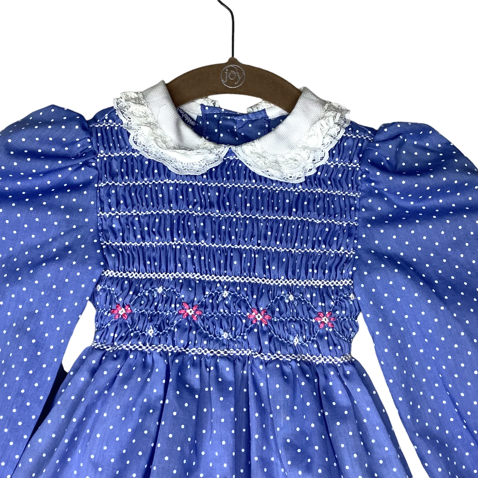 Vintage Dress Girls 4t Blue White Polka Dot Floral Ruffle Lace Smocked Prairie by Polly Flinders - Image 3