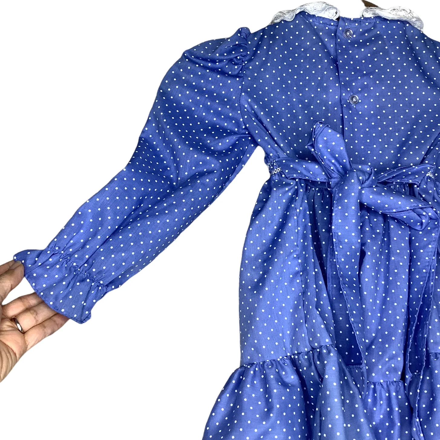Vintage Dress Girls 4t Blue White Polka Dot Floral Ruffle Lace Smocked Prairie by Polly Flinders - Image 7