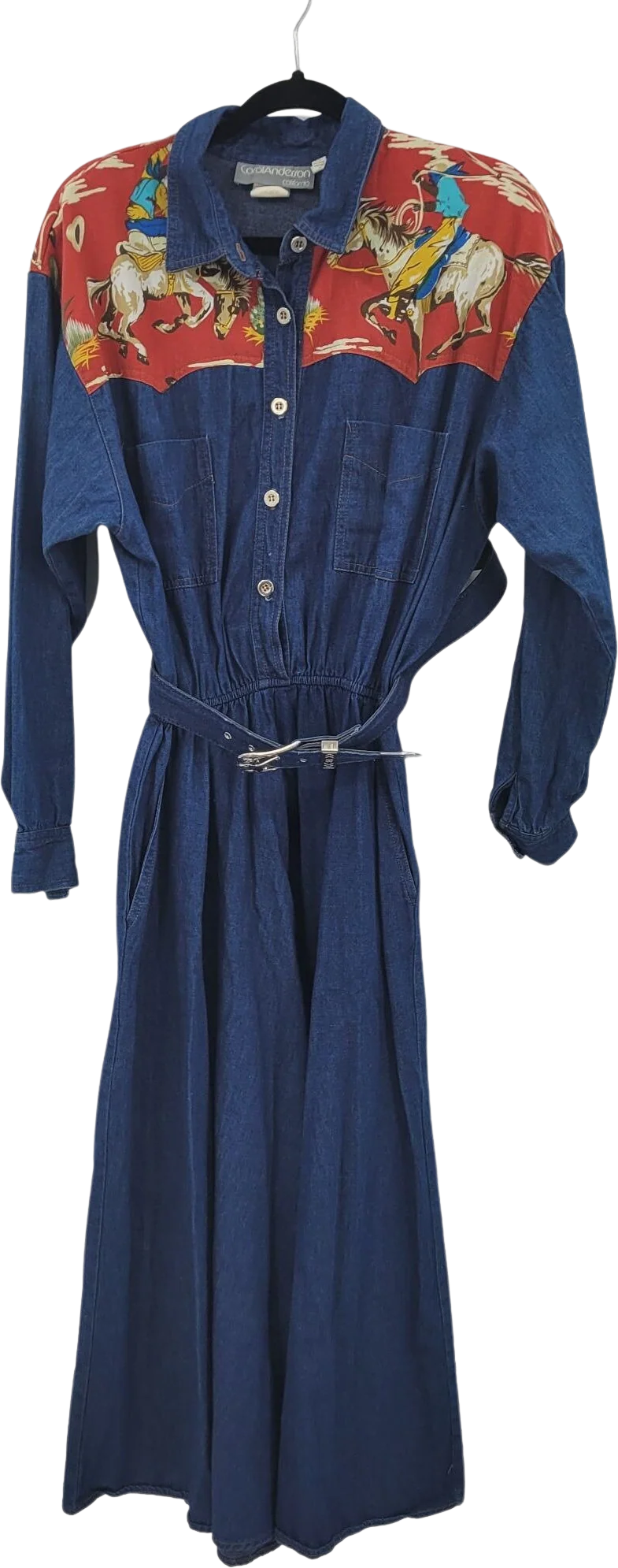 Vintage Dress Maxi Prairie Western Cowgirl Rodeo Belted Denim by Carol Anderson California