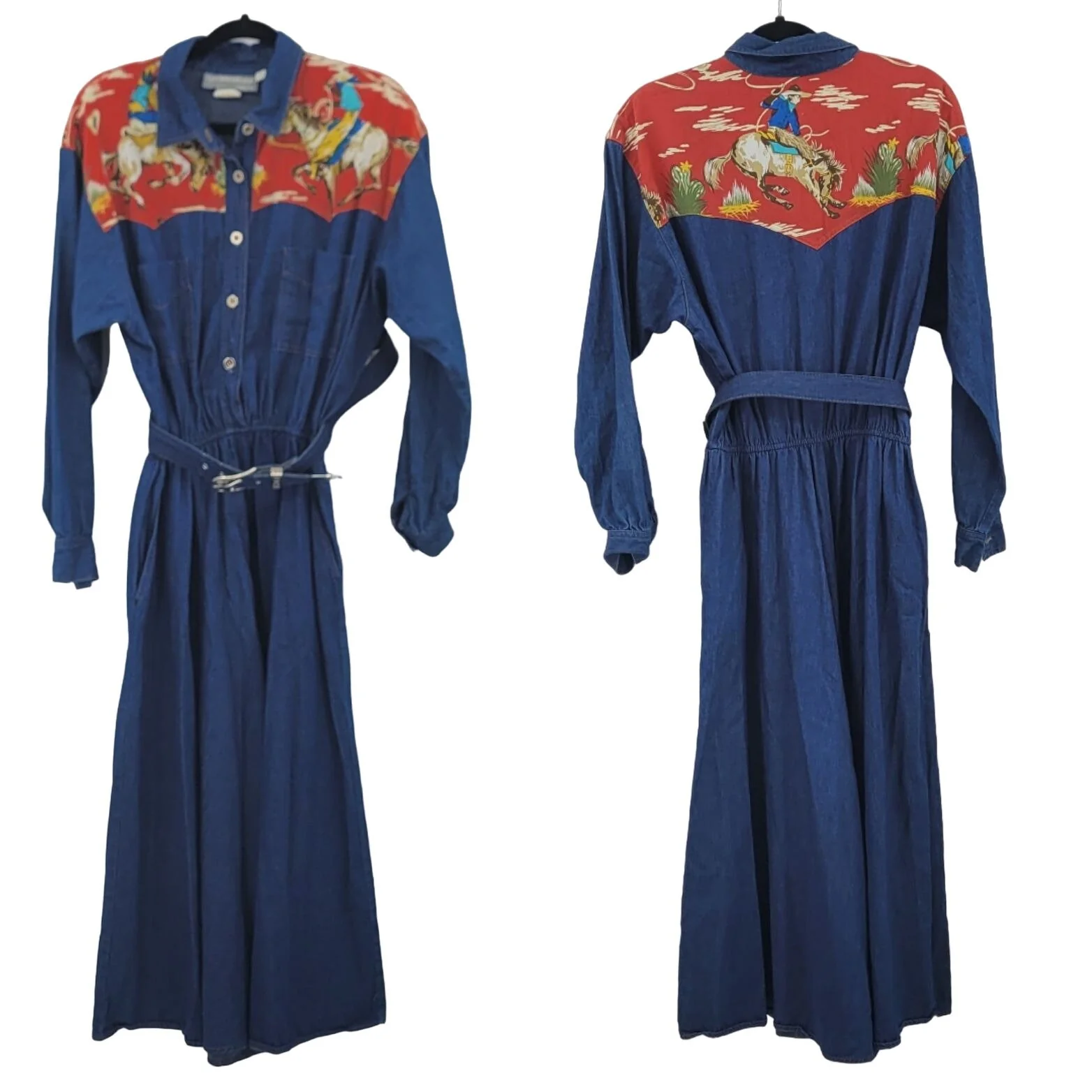 Vintage Dress Maxi Prairie Western Cowgirl Rodeo Belted Denim by Carol Anderson California - Image 2