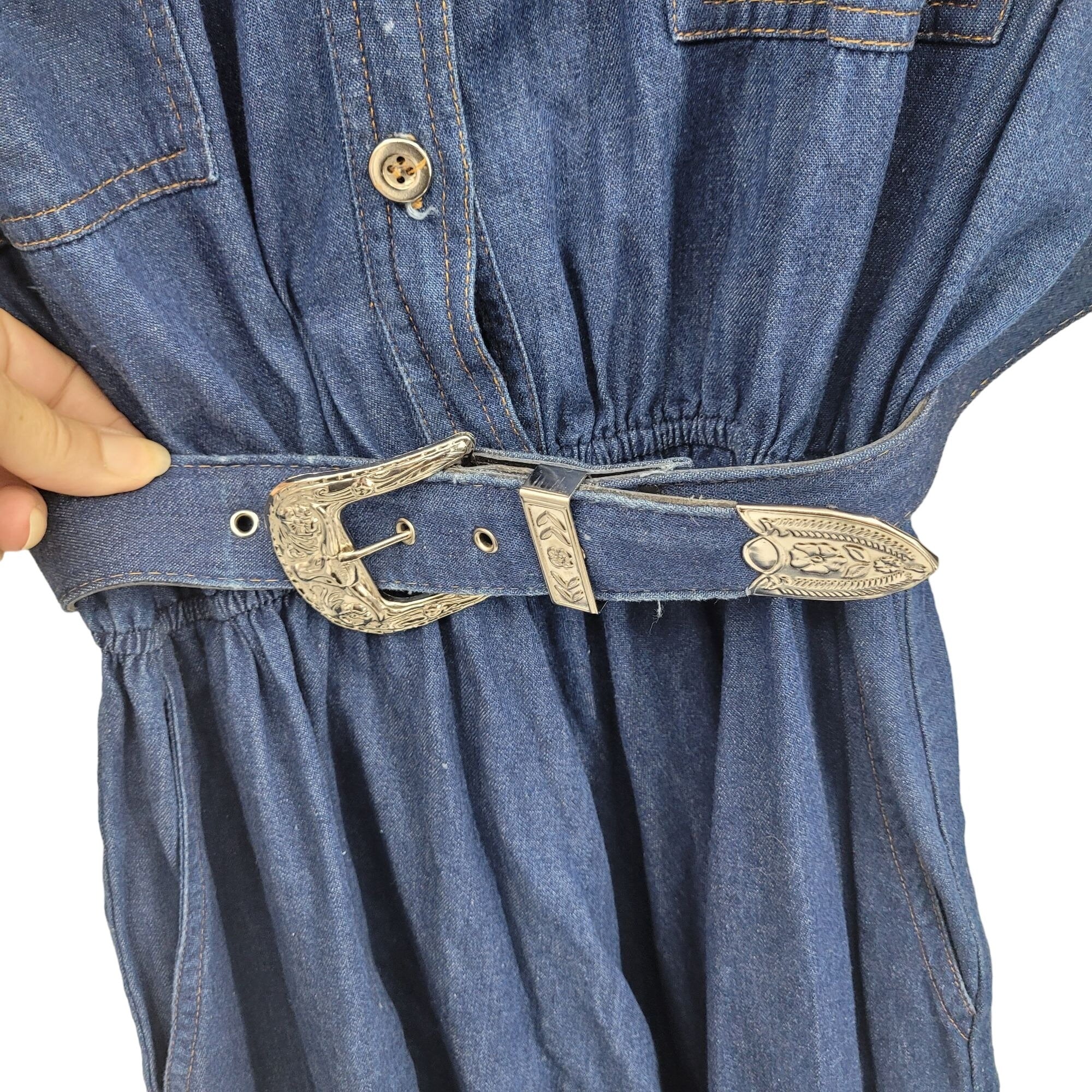Vintage Dress Maxi Prairie Western Cowgirl Rodeo Belted Denim by Carol Anderson California - Image 7