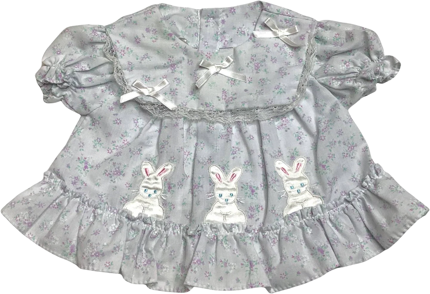 Vintage Dress Newborn Floral Calico Bunnies Rabbit Bib Front Lace Bow Ruffles by Mayfair