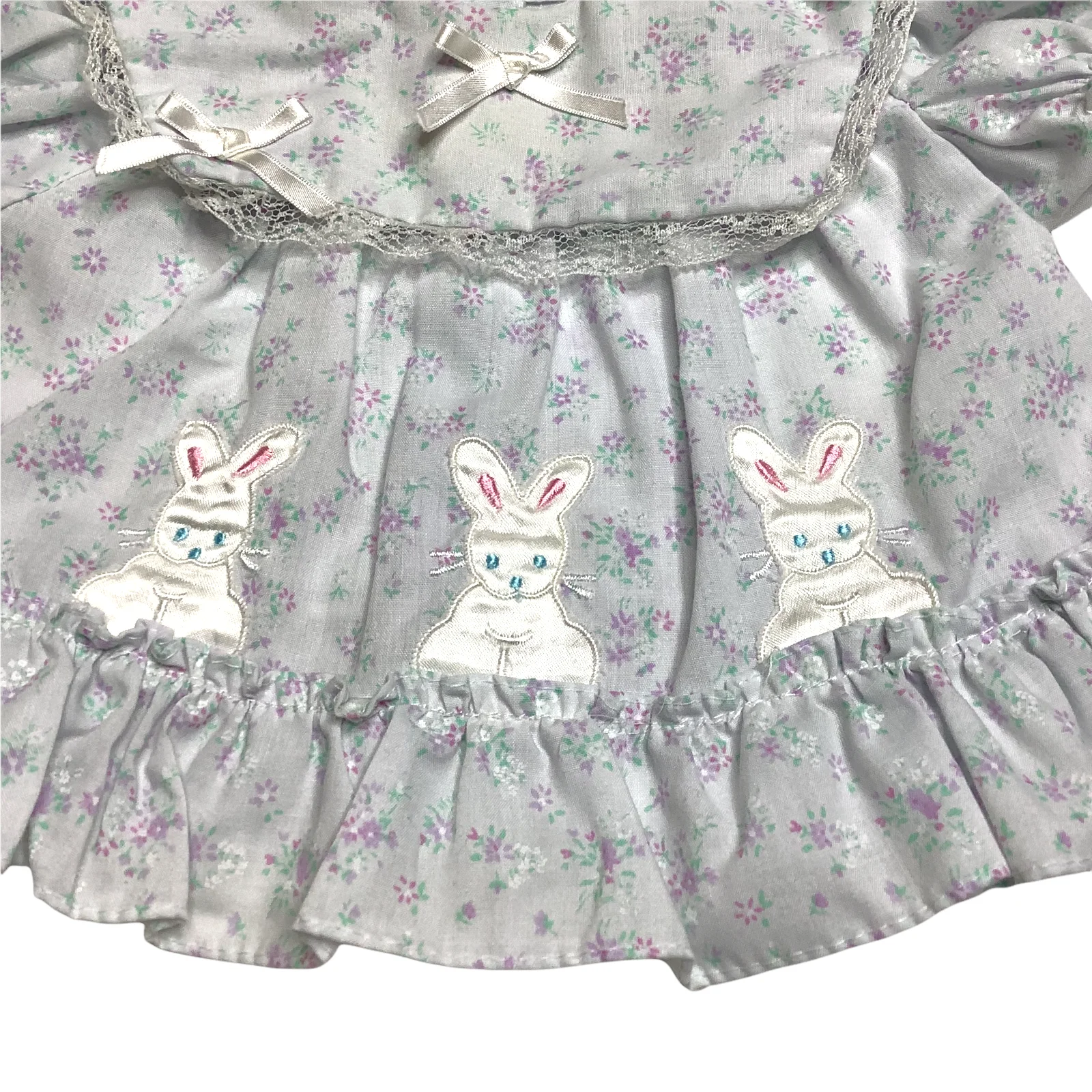 Vintage Dress Newborn Floral Calico Bunnies Rabbit Bib Front Lace Bow Ruffles by Mayfair - Image 3