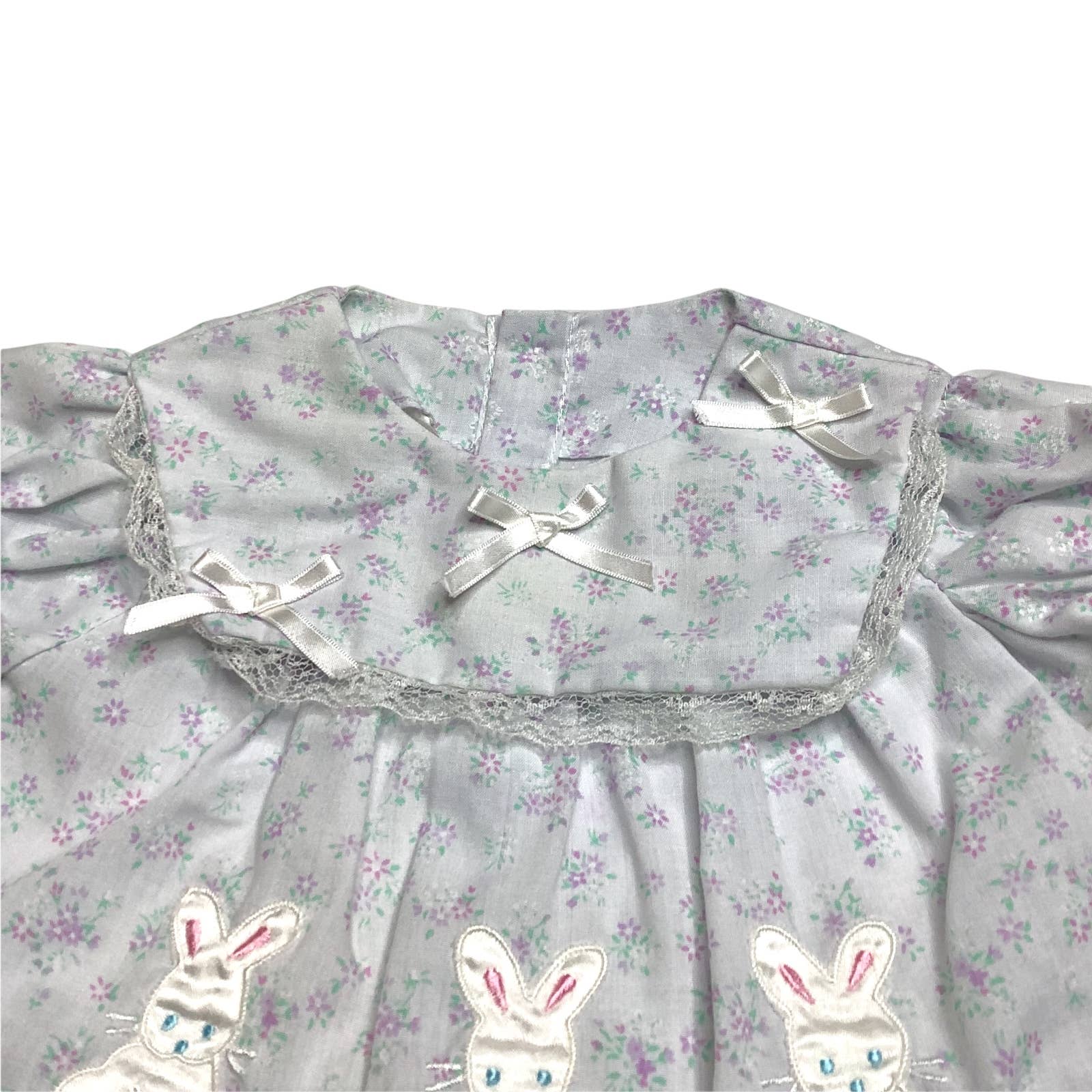 Vintage Dress Newborn Floral Calico Bunnies Rabbit Bib Front Lace Bow Ruffles by Mayfair - Image 4