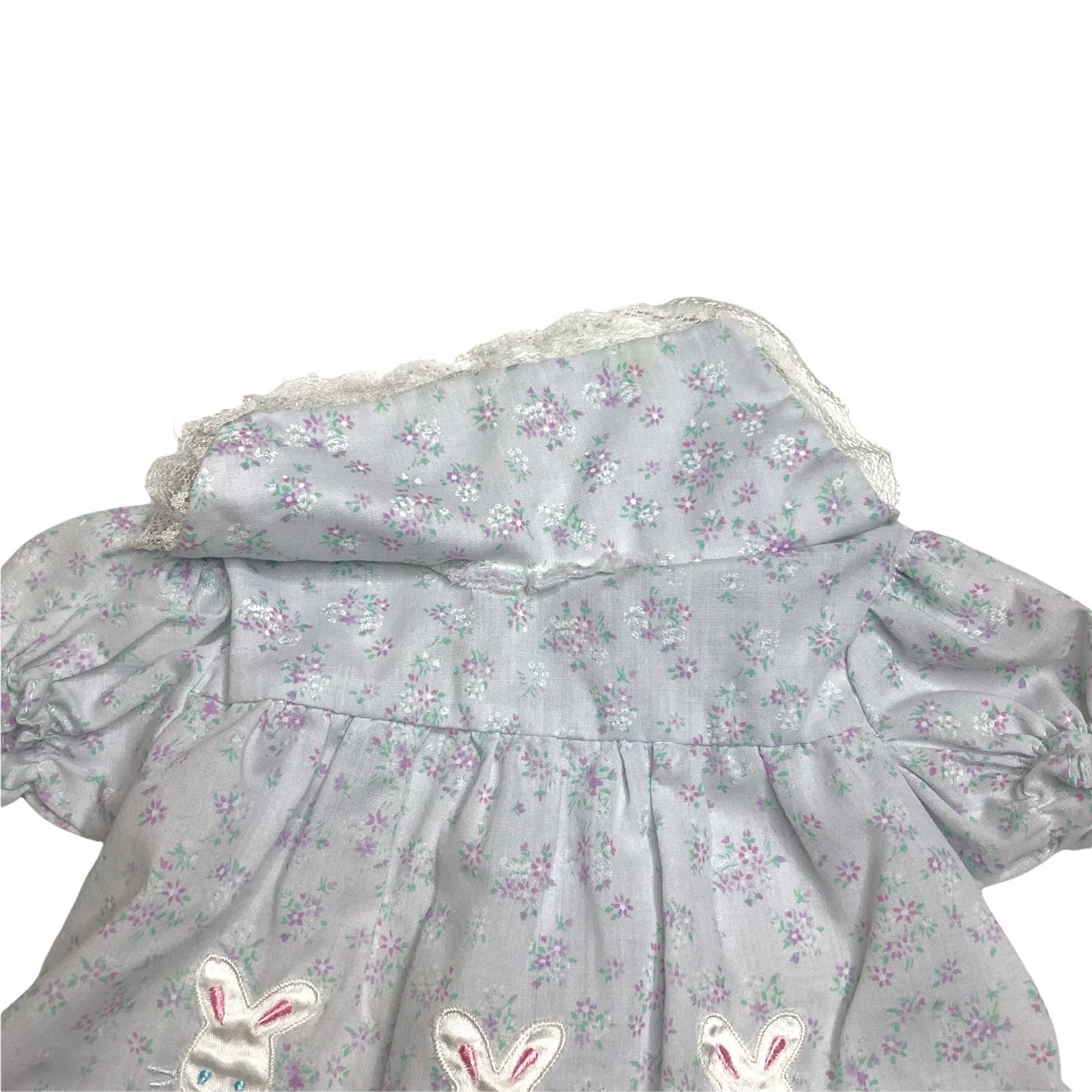 Vintage Dress Newborn Floral Calico Bunnies Rabbit Bib Front Lace Bow Ruffles by Mayfair - Image 5