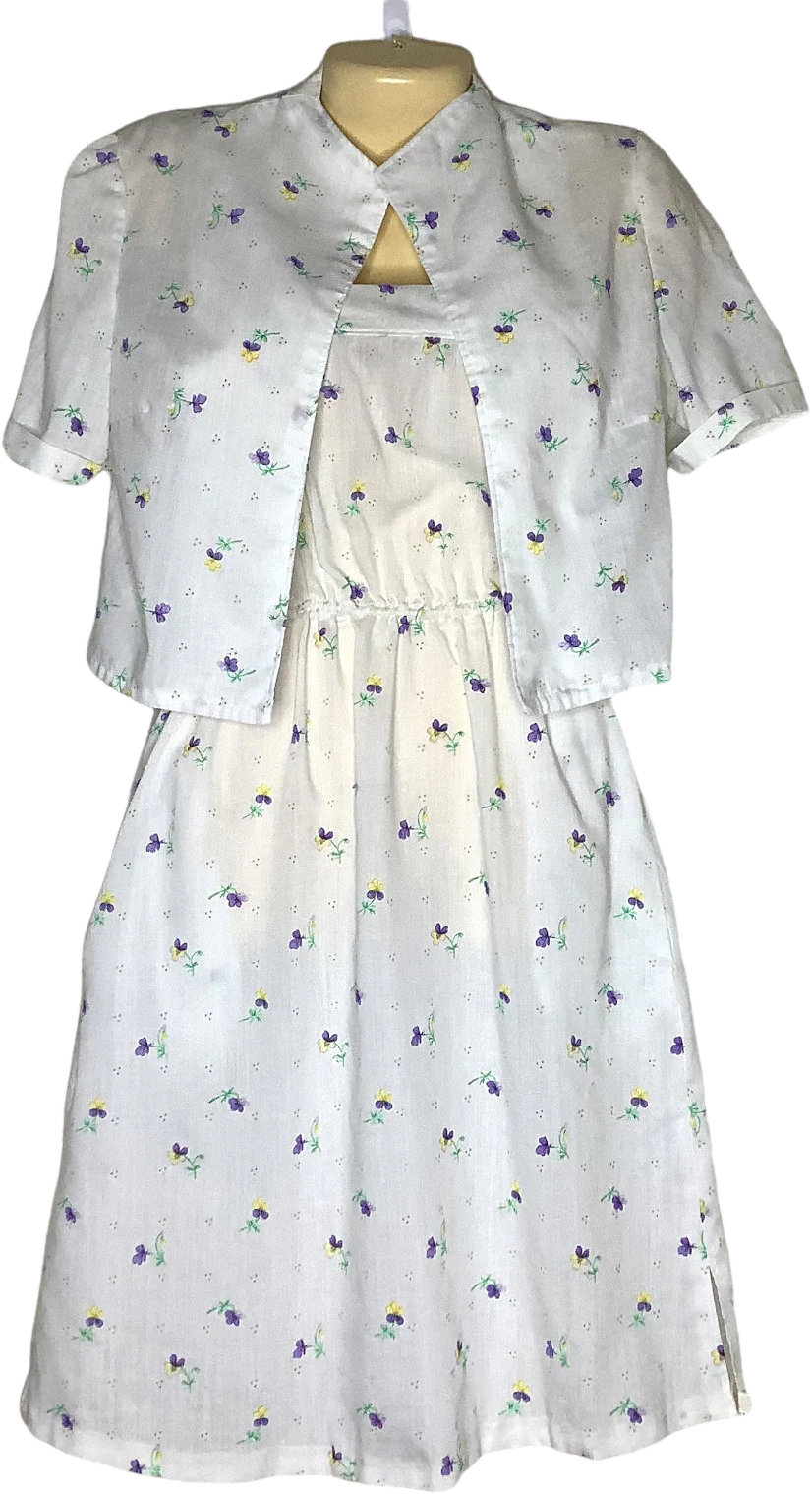 Vintage Dress Set Handmade 70s 80s Floral Xxs/xs Crop Jacket Lightweight