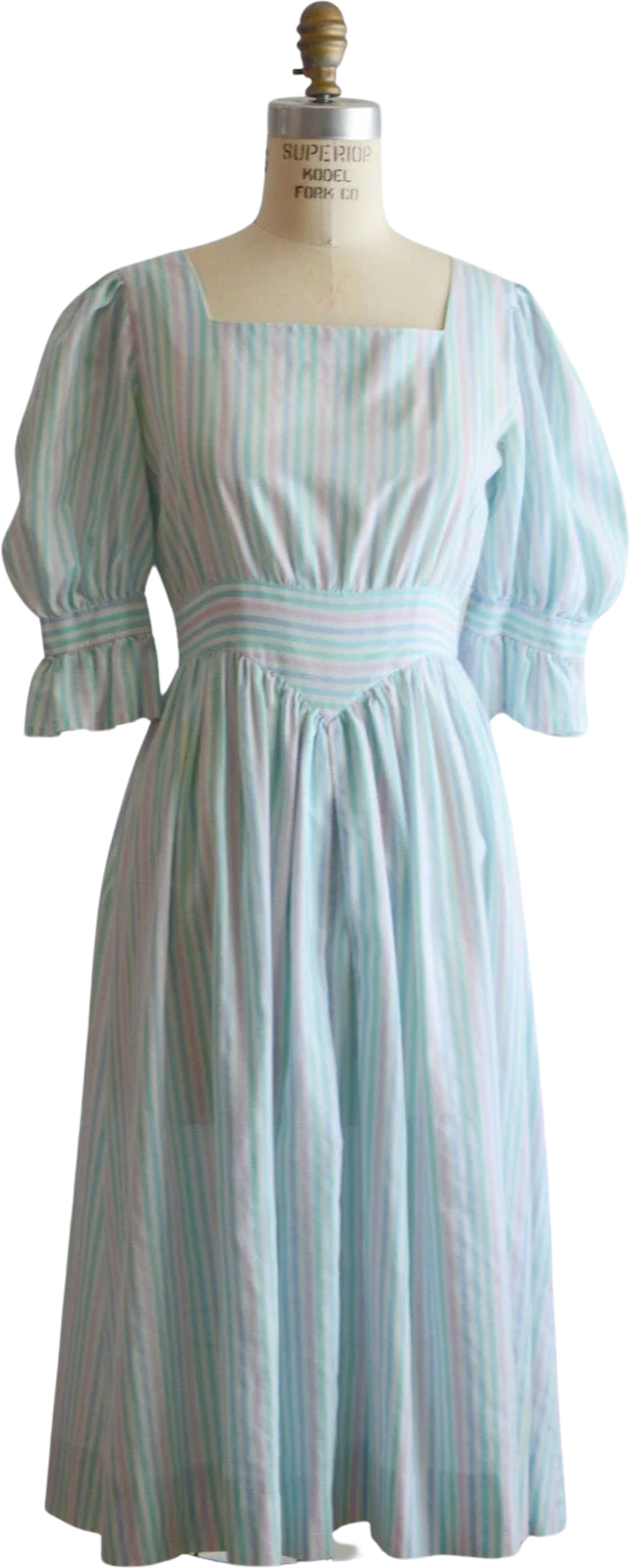 Vintage Dress Striped Cotton Candy Blue Flared 70s Size Small