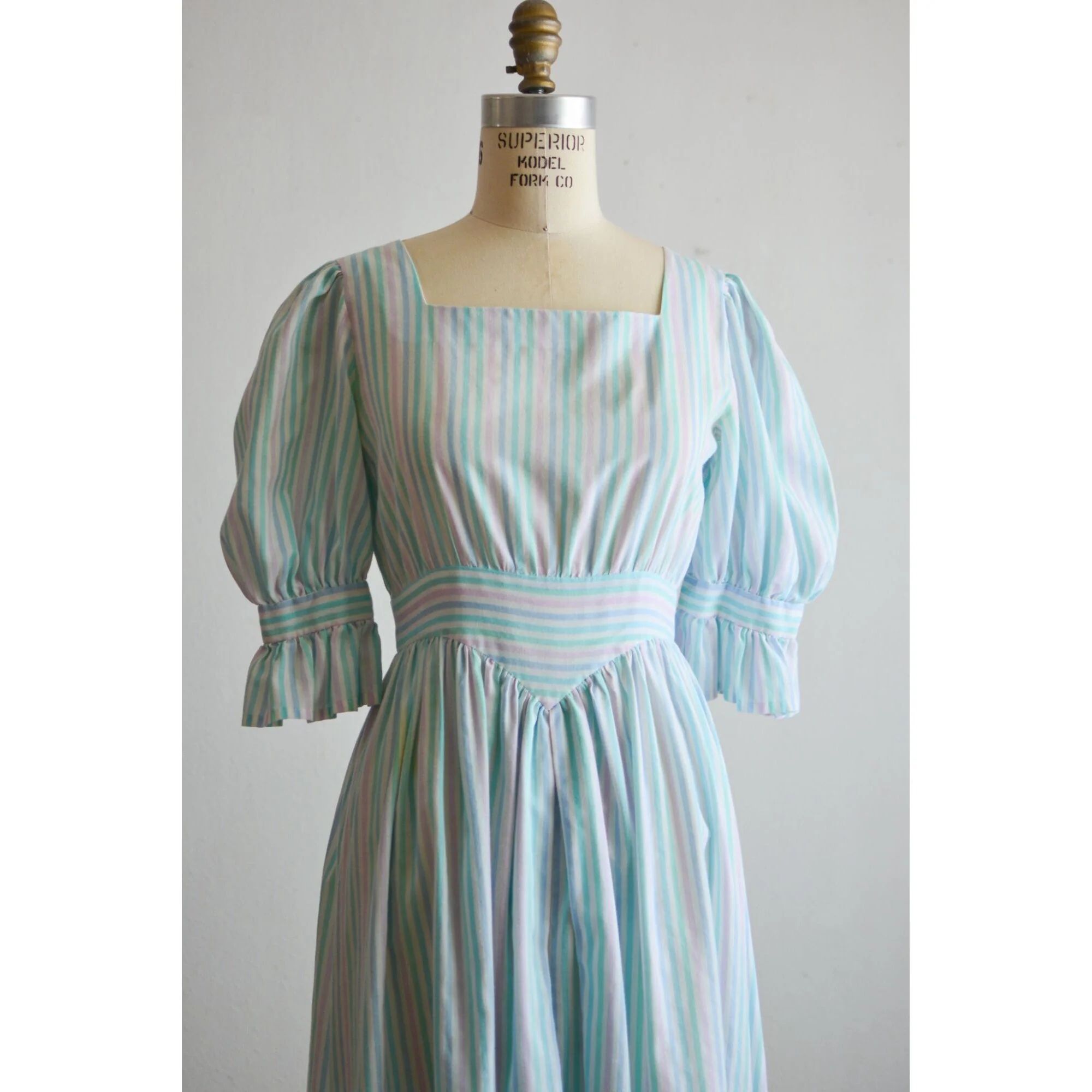 Vintage Dress Striped Cotton Candy Blue Flared 70s Size Small - Image 3