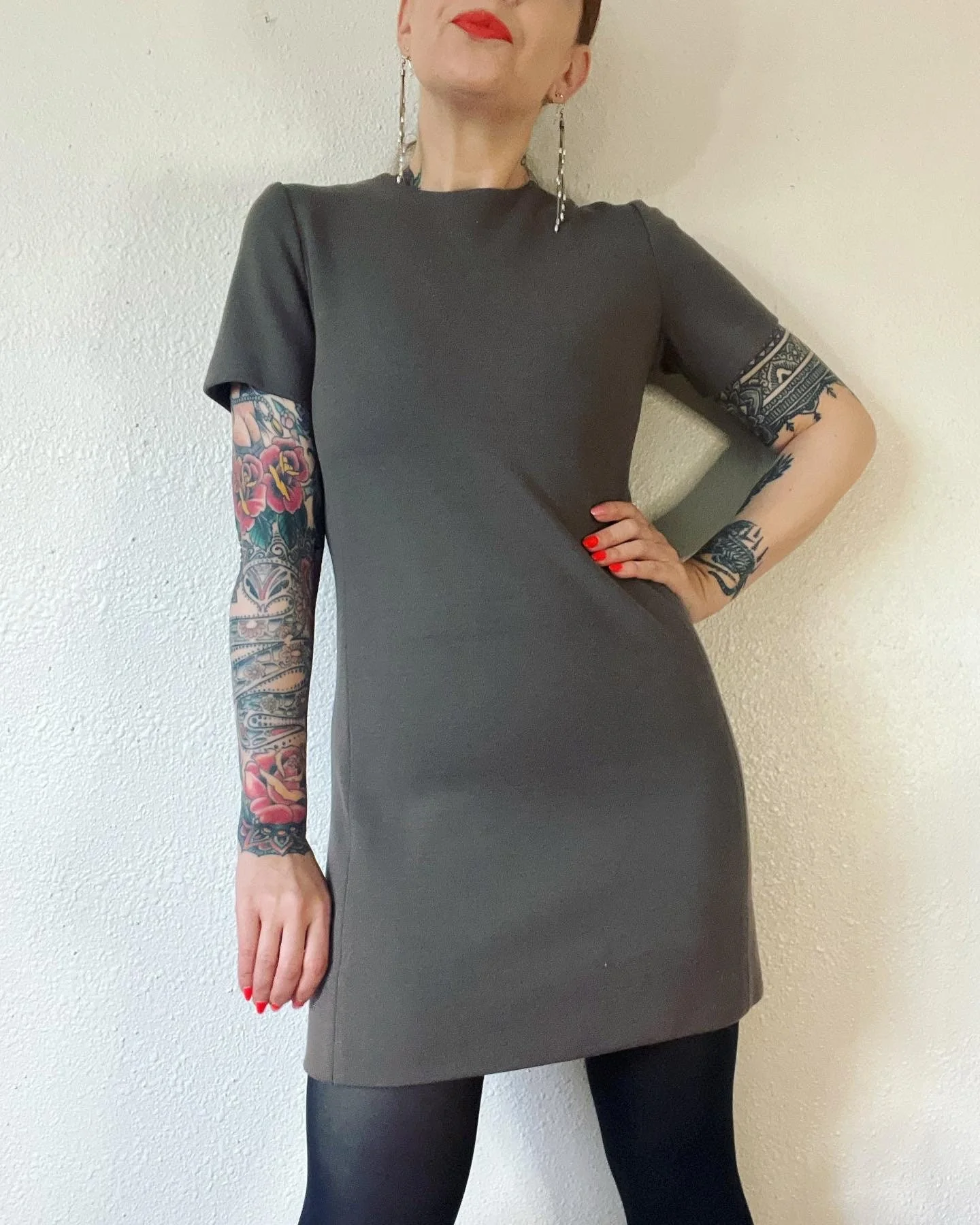Vintage Early Mid 60s Shades of Shrooms Pure Wool Ponte Knit Two Piece Set Micro Mini Dress and Incredible Shawl Collar by Portobello Road - Image 4