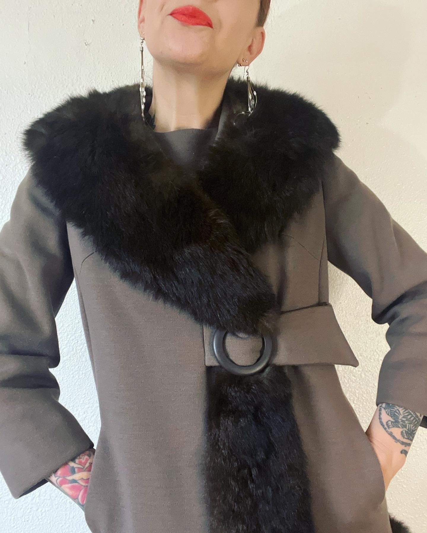 Vintage Early Mid 60s Shades of Shrooms Pure Wool Ponte Knit Two Piece Set Micro Mini Dress and Incredible Shawl Collar by Portobello Road - Image 5