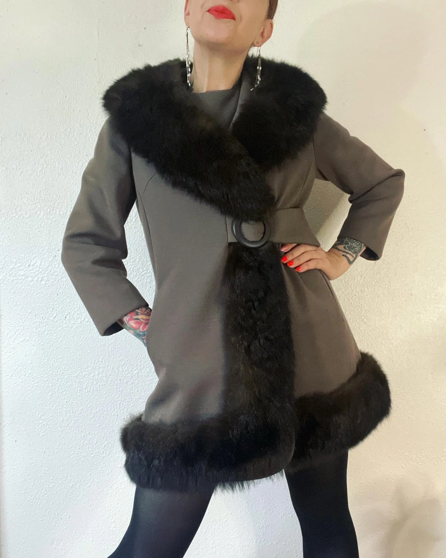 Vintage Early Mid 60s Shades of Shrooms Pure Wool Ponte Knit Two Piece Set Micro Mini Dress and Incredible Shawl Collar by Portobello Road - Image 6