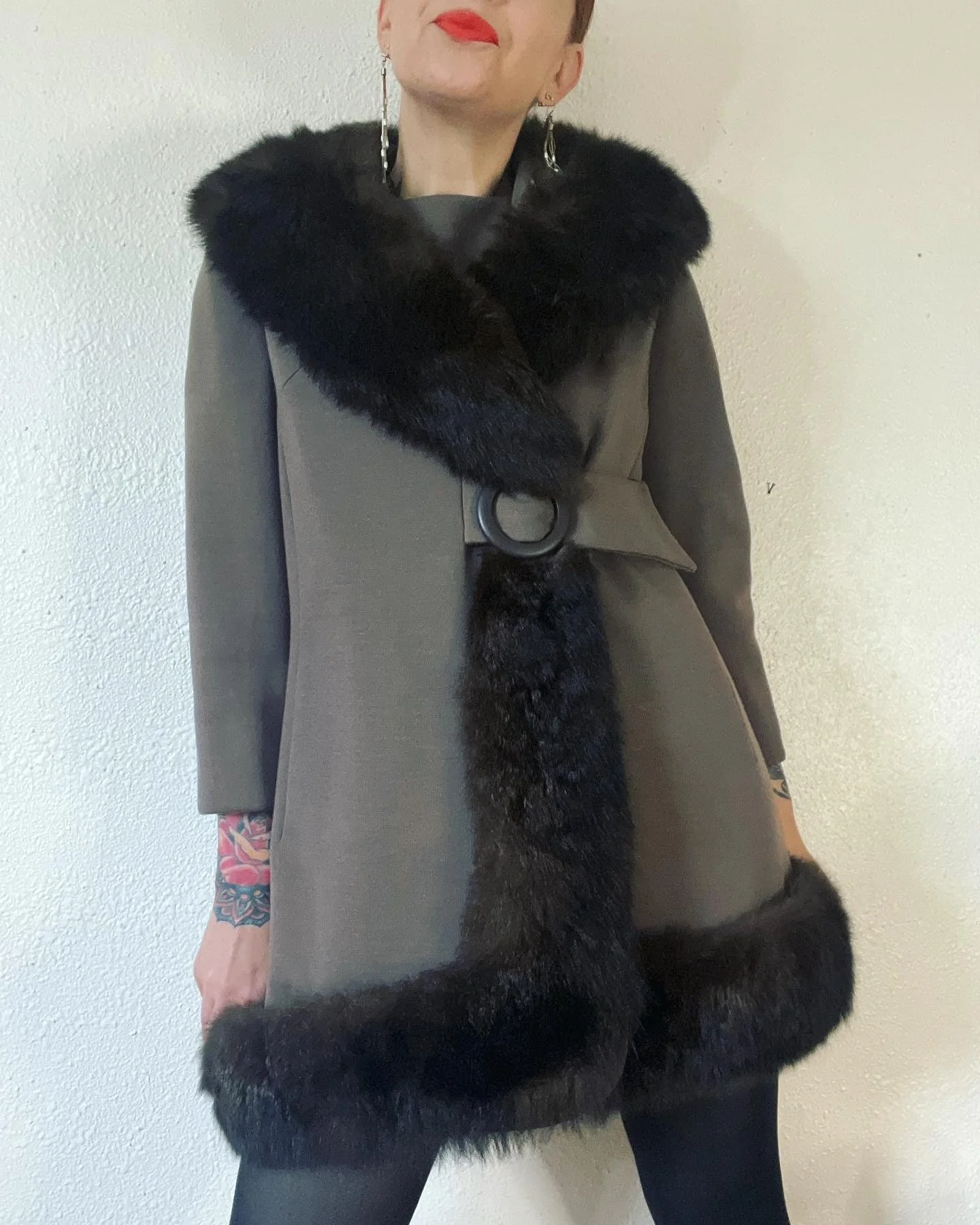 Vintage Early Mid 60s Shades of Shrooms Pure Wool Ponte Knit Two Piece Set Micro Mini Dress and Incredible Shawl Collar by Portobello Road - Image 8