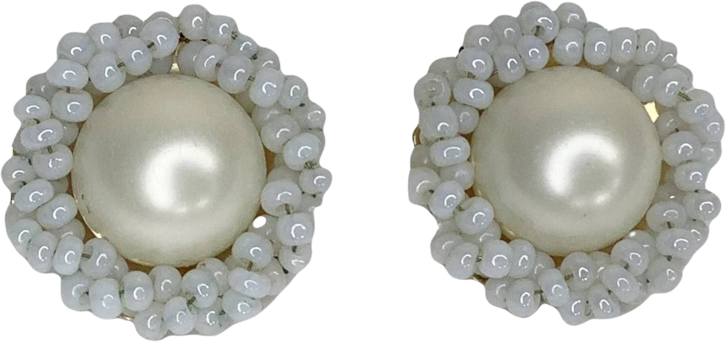 Vintage Earrings Clip On White Faux Pearl Encrusted Round Stamped 1" by Marvella