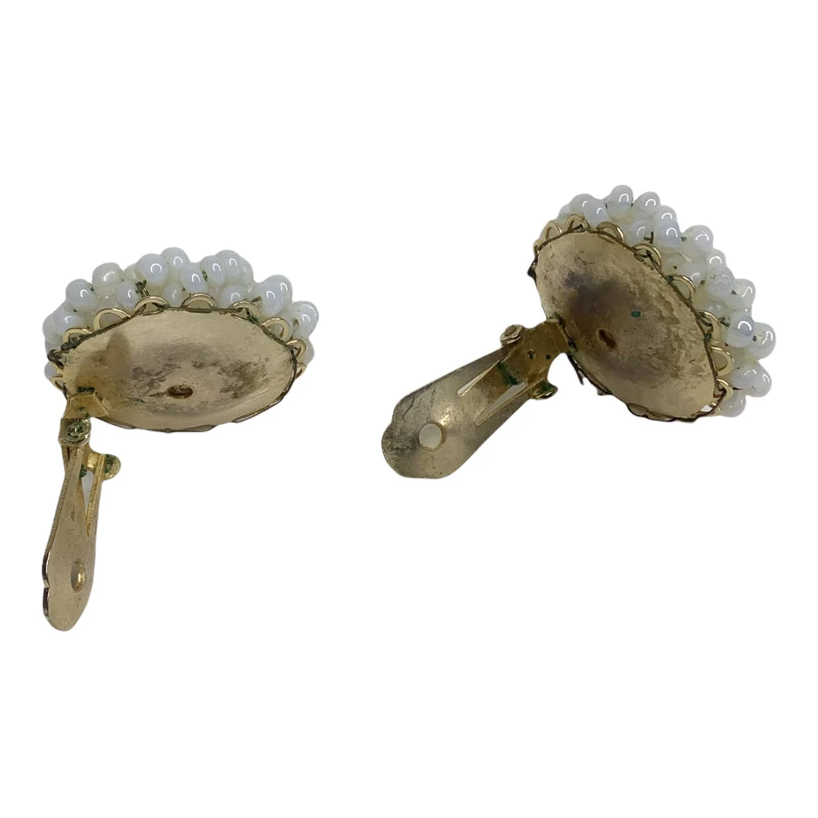 Vintage Earrings Clip On White Faux Pearl Encrusted Round Stamped 1" by Marvella - Image 4