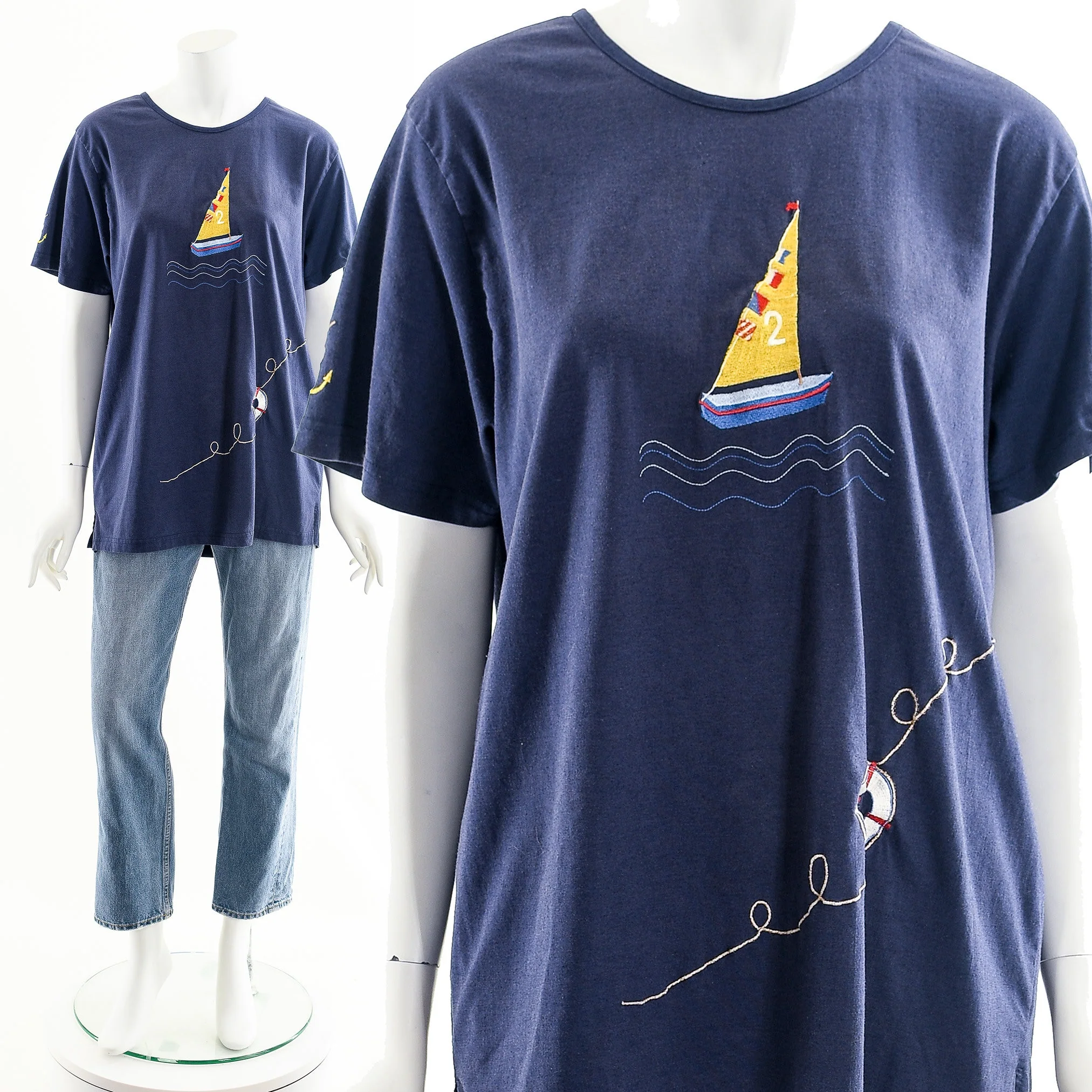 Vintage Embroidered Sailor Sailboat Nautical T-Shirt by Stephanie Rogers Plus - Image 3