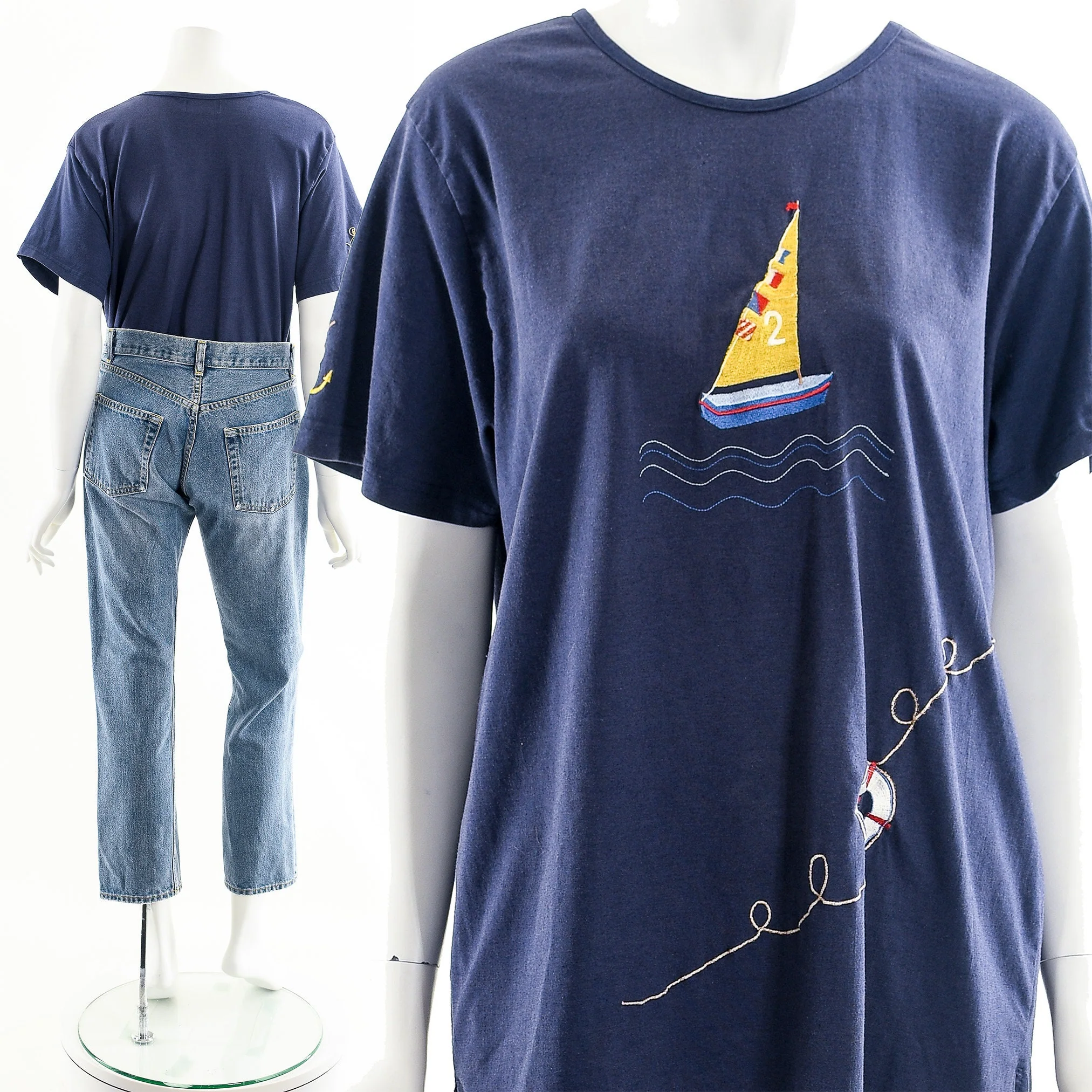 Vintage Embroidered Sailor Sailboat Nautical T-Shirt by Stephanie Rogers Plus - Image 4