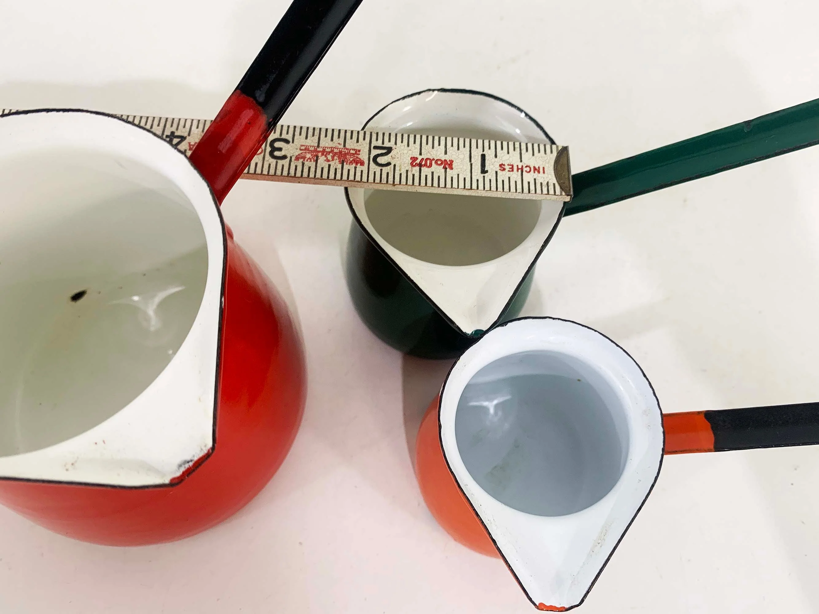 Vintage Enamelware Small Pitcher Set of 3 Pot Retro Made In Yugoslavia Milk Warmer Butter Coffee Primitive Kitchen Dippers 50s - Image 10