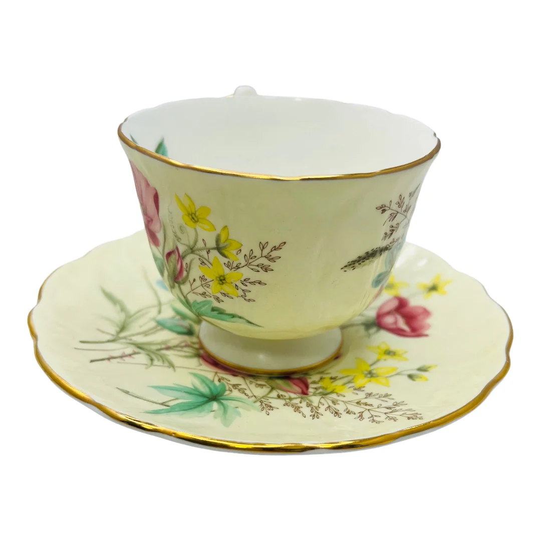 Vintage England Bone China Teacup #27 and #28 and Saucer Pink and Yellow by Aynsley - Image 4