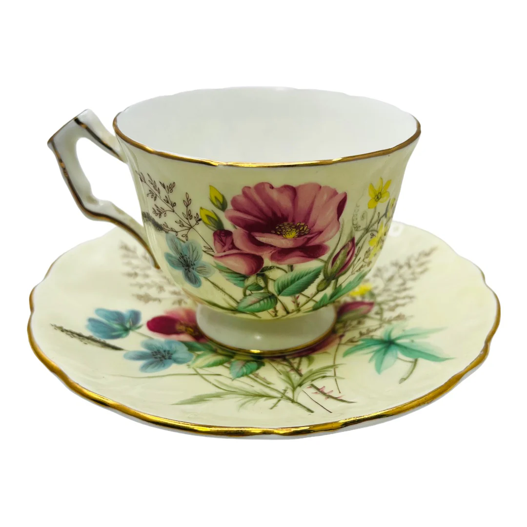 Vintage England Bone China Teacup #27 and #28 and Saucer Pink and Yellow by Aynsley - Image 5
