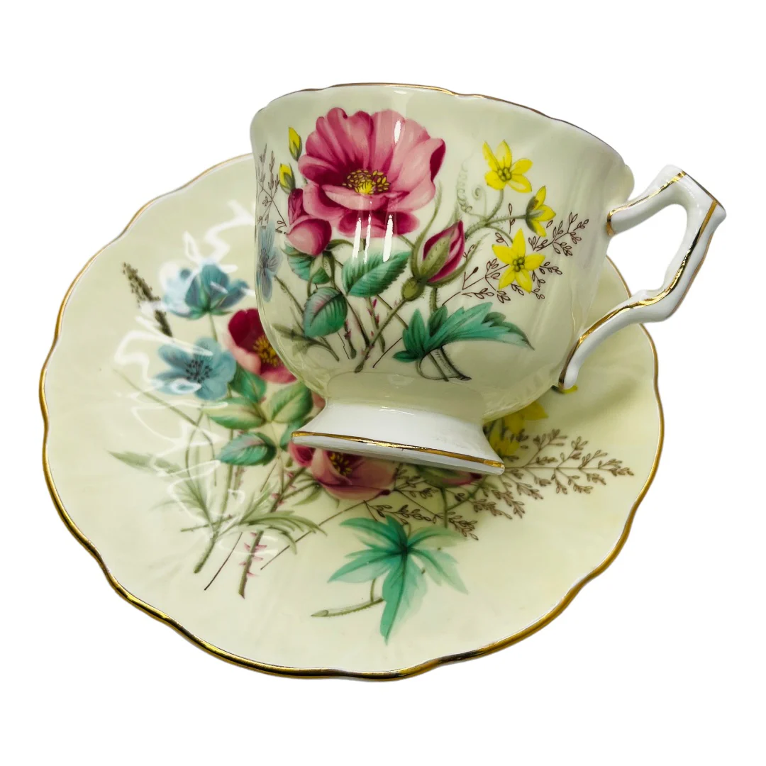 Vintage England Bone China Teacup #27 and #28 and Saucer Pink and Yellow by Aynsley - Image 9