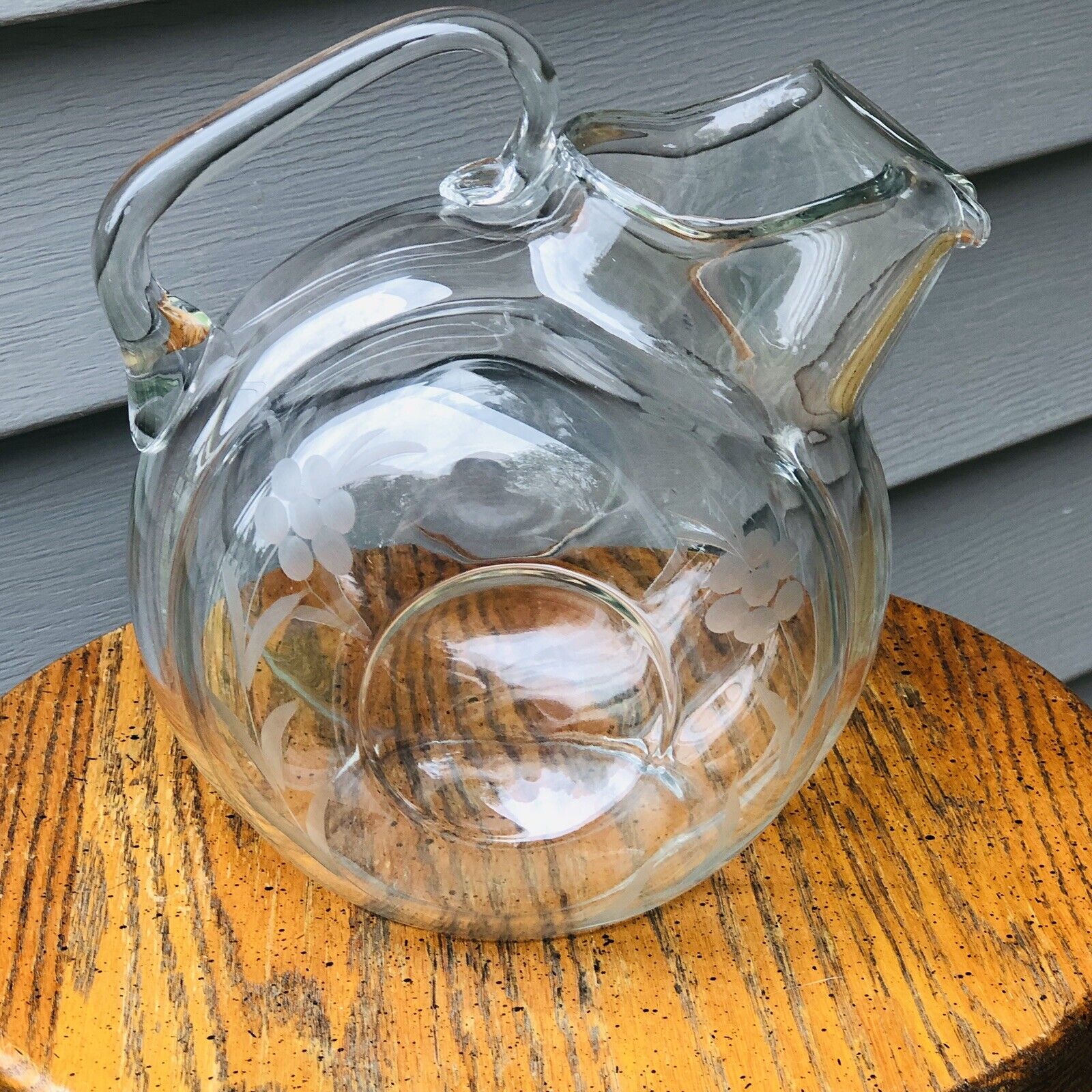 Vintage Etched Glass Ball Tilt Pitcher - Clear Daisy Flower Retro Farm Kitchen - Image 3