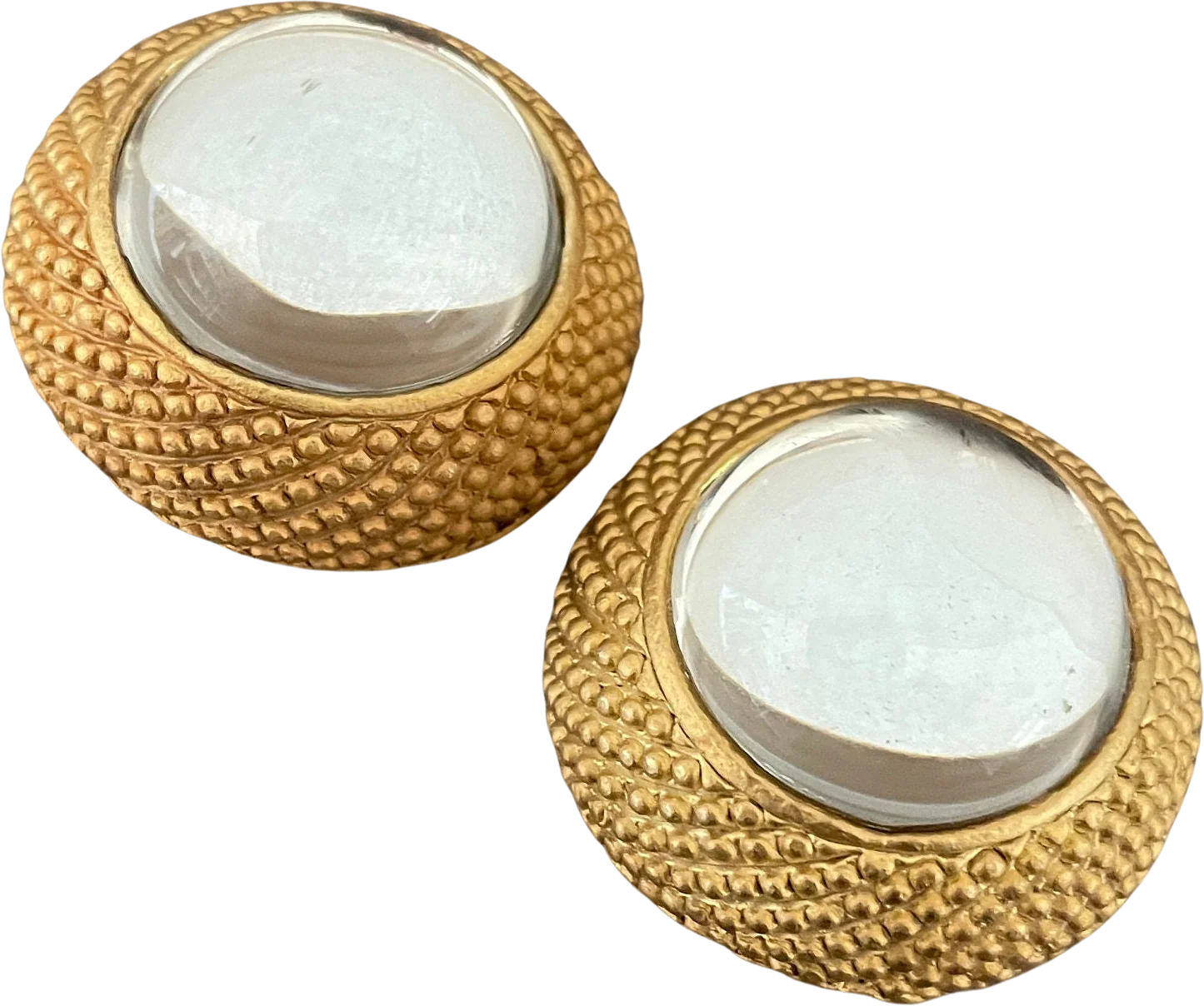 Vintage Etruscan Mirrored Clear Cabochon Matte Gold Clip On Statement Earrings