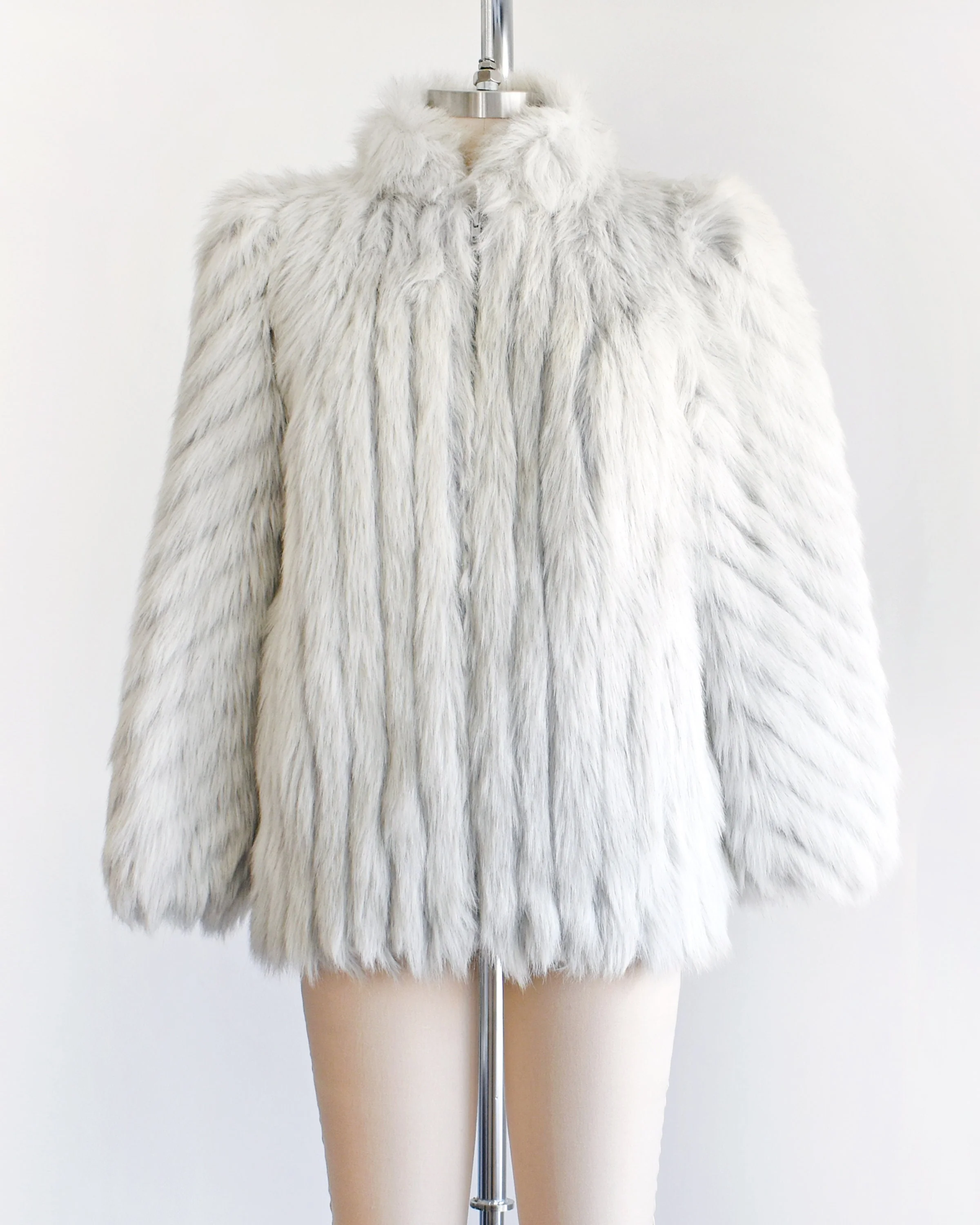 Vintage Faux Fur Coat 80s White and Gray Fake Fox Fur Coat, Striped Animal Print Coat, Small/medium by Intrigue - Image 3