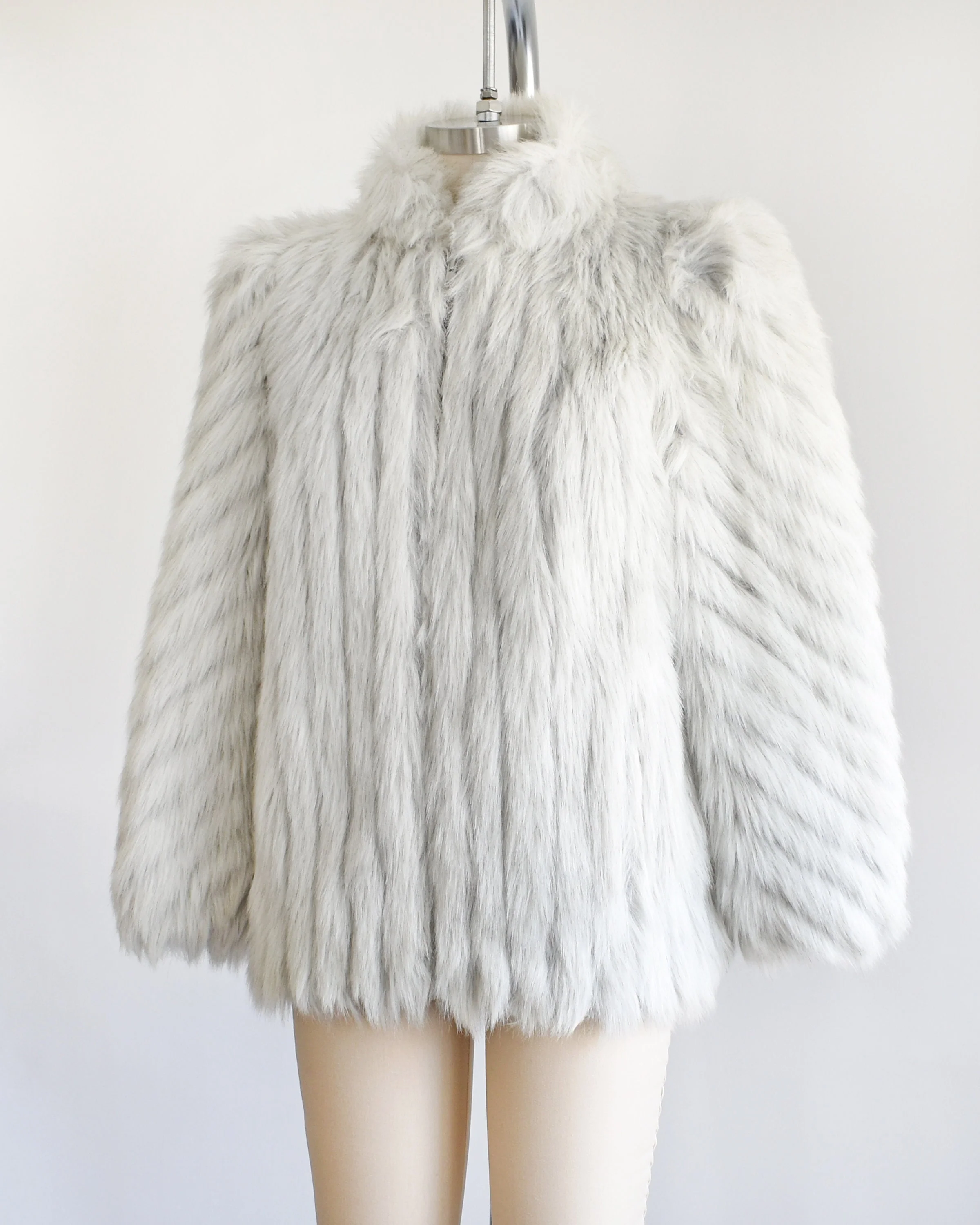 Vintage Faux Fur Coat 80s White and Gray Fake Fox Fur Coat, Striped Animal Print Coat, Small/medium by Intrigue - Image 6