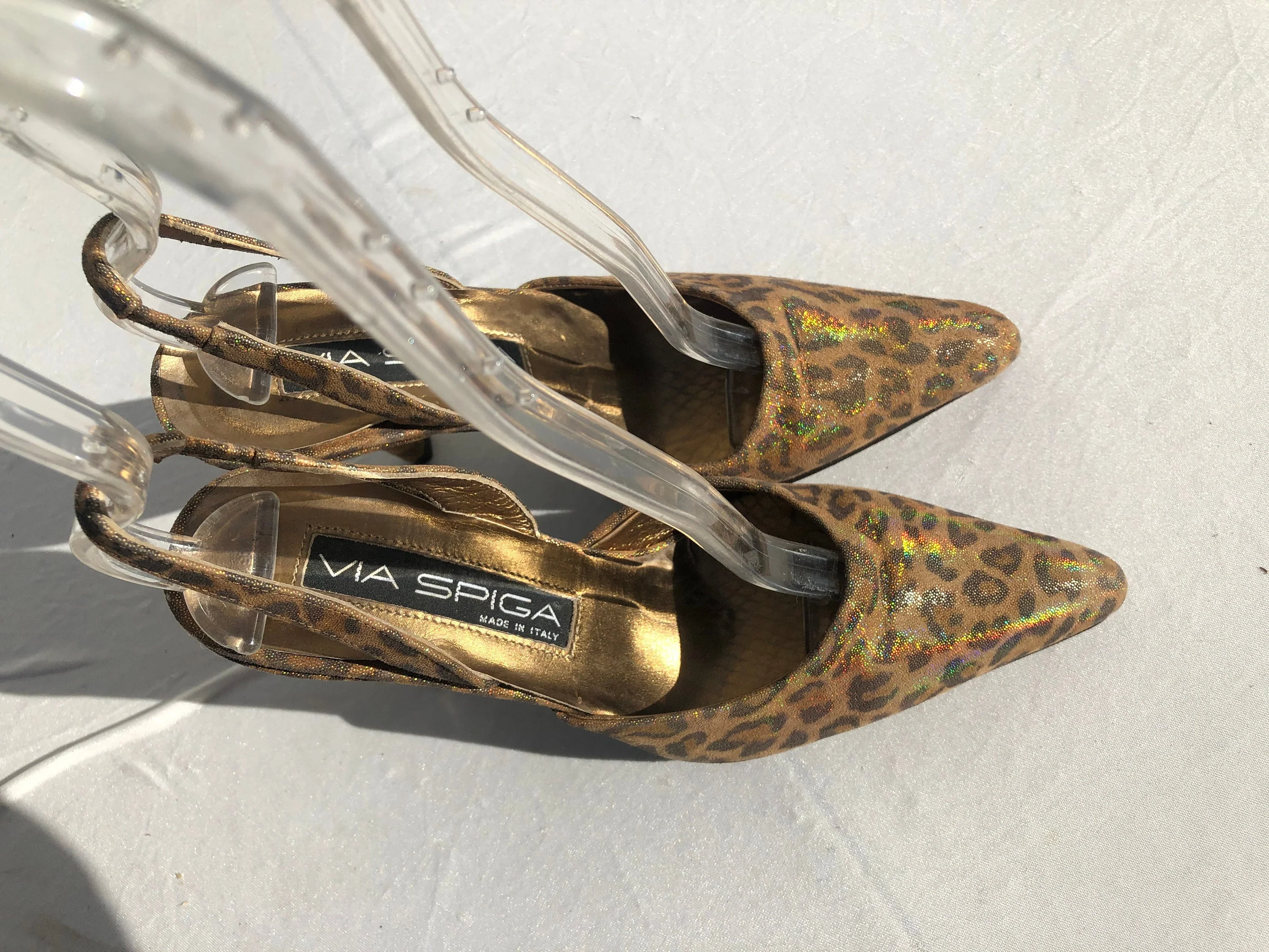 Vintage Faux Leopard Disco Slingback Shoes 90s Metallic Rainbow Shine Kitty Heels Size 6 1/2 B Party Shoes by Via Spiga - Image 2