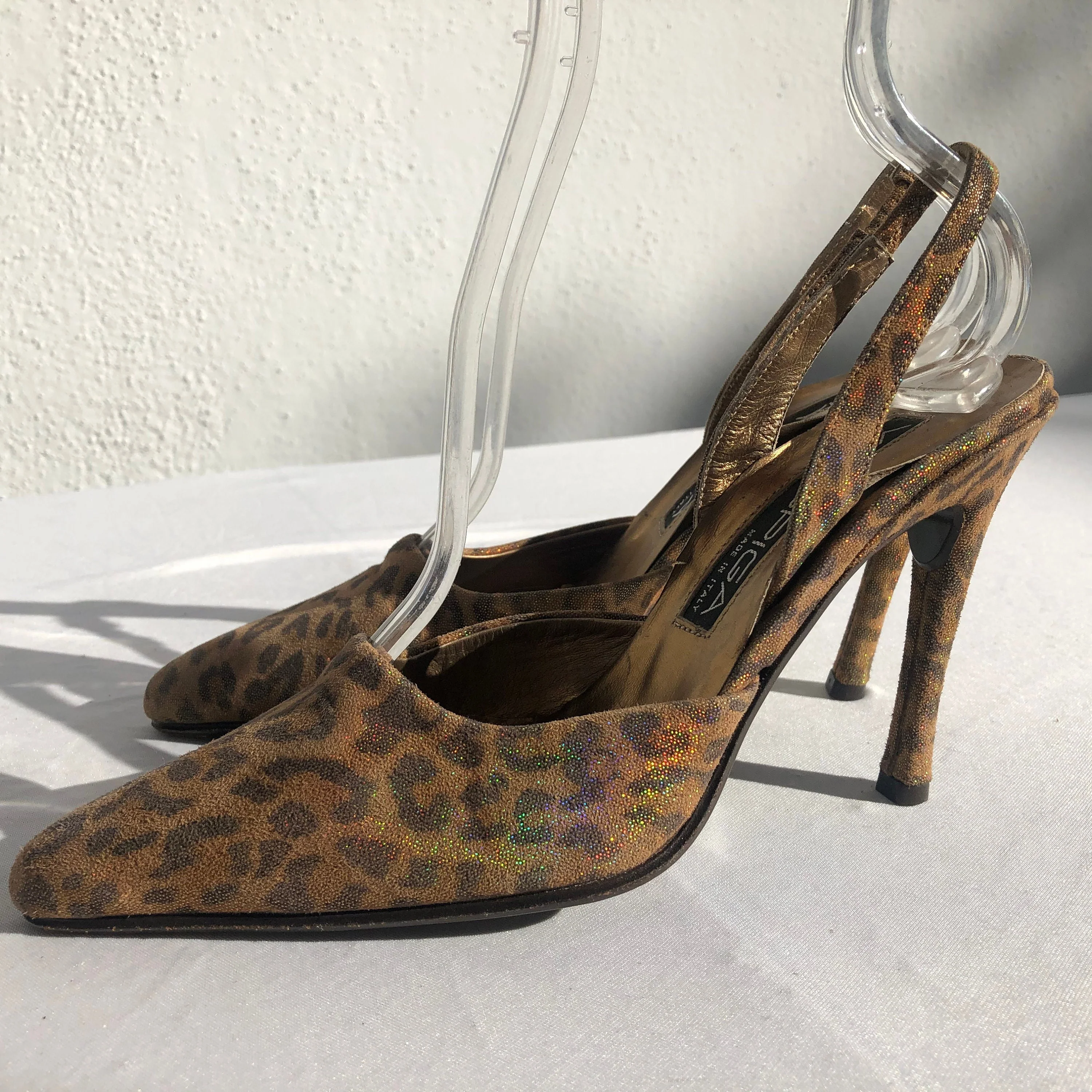 Vintage Faux Leopard Disco Slingback Shoes 90s Metallic Rainbow Shine Kitty Heels Size 6 1/2 B Party Shoes by Via Spiga - Image 3
