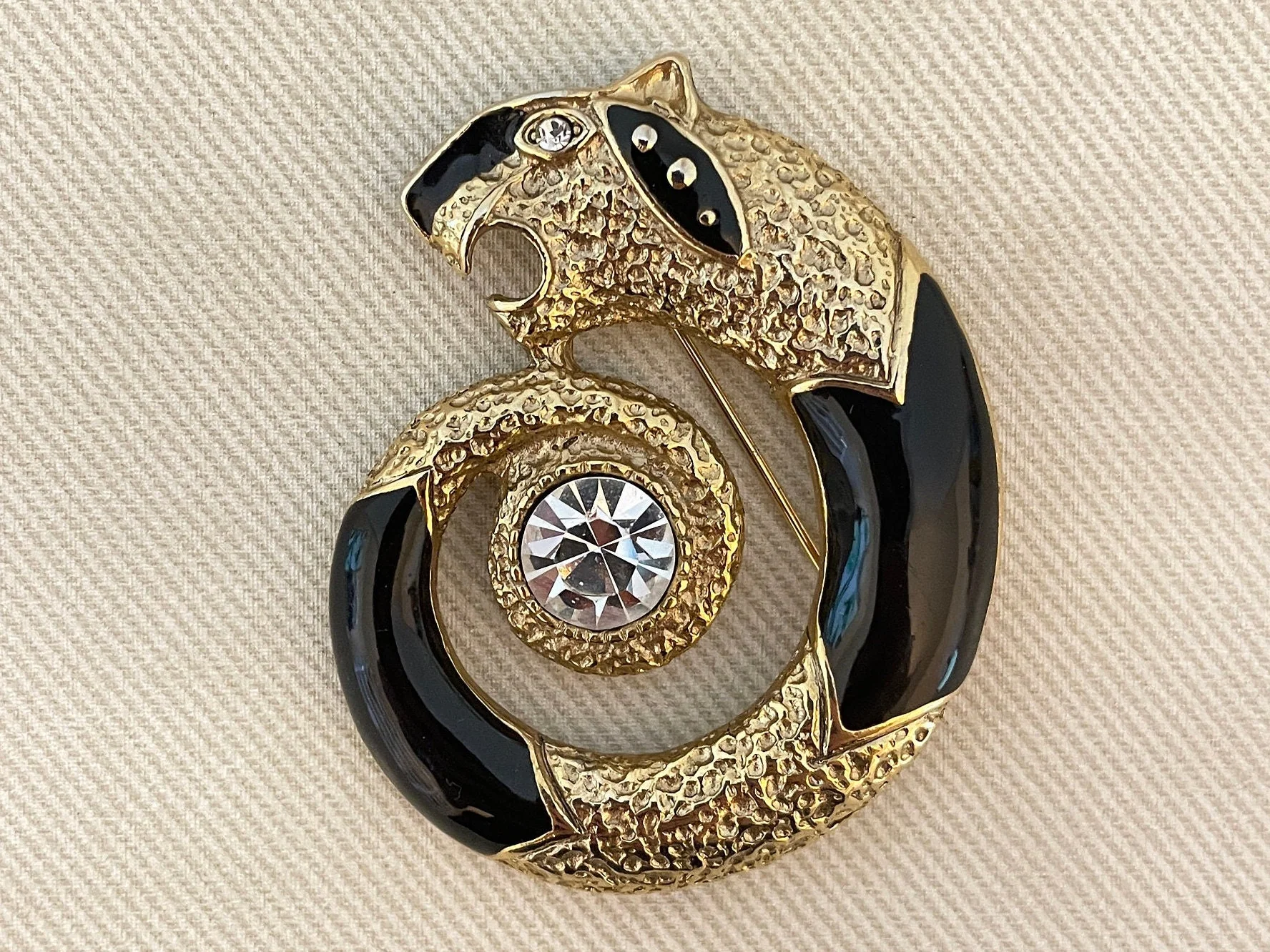 Vintage Figural Panther Brooch Pin Crystal Accents - Image 3