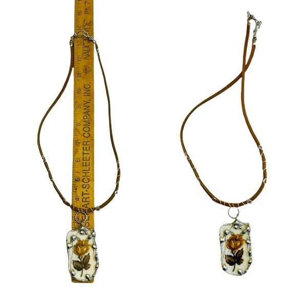 Vintage Fine China and Leather Soldered Pendant Handcrafted - Image 8