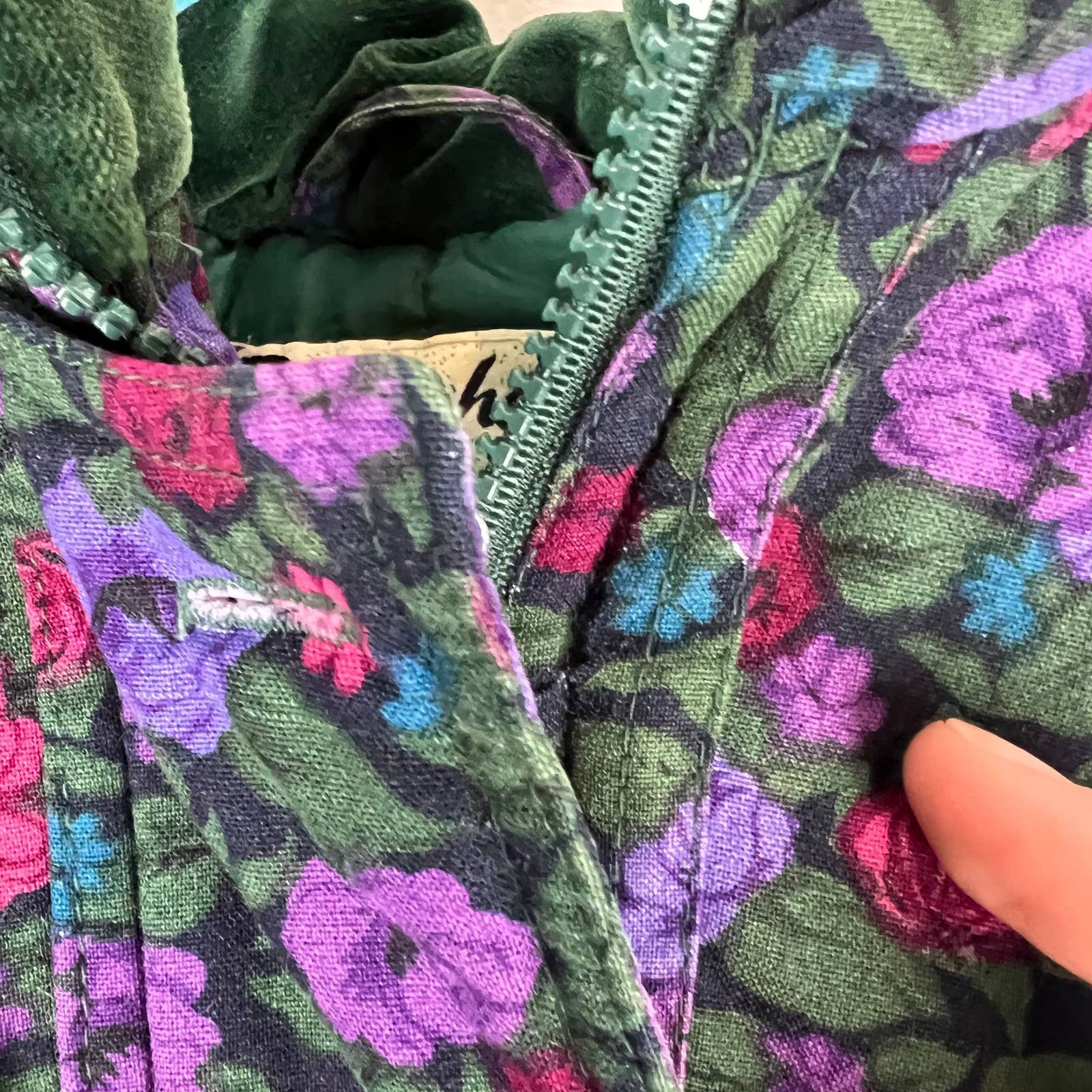 Vintage Floral Green Velvet Dress Coat and Handwarmer Purse Hooded Sz 5 by Rothschild - Image 8