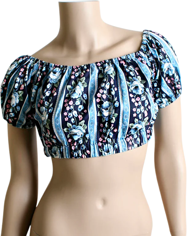 Vintage Floral Half Top Crop Top In Shades of Navy and Sky Blue Rose Print Flower Stripes Pin Up Off The Shoulder Top Small by Yes Clothing Co