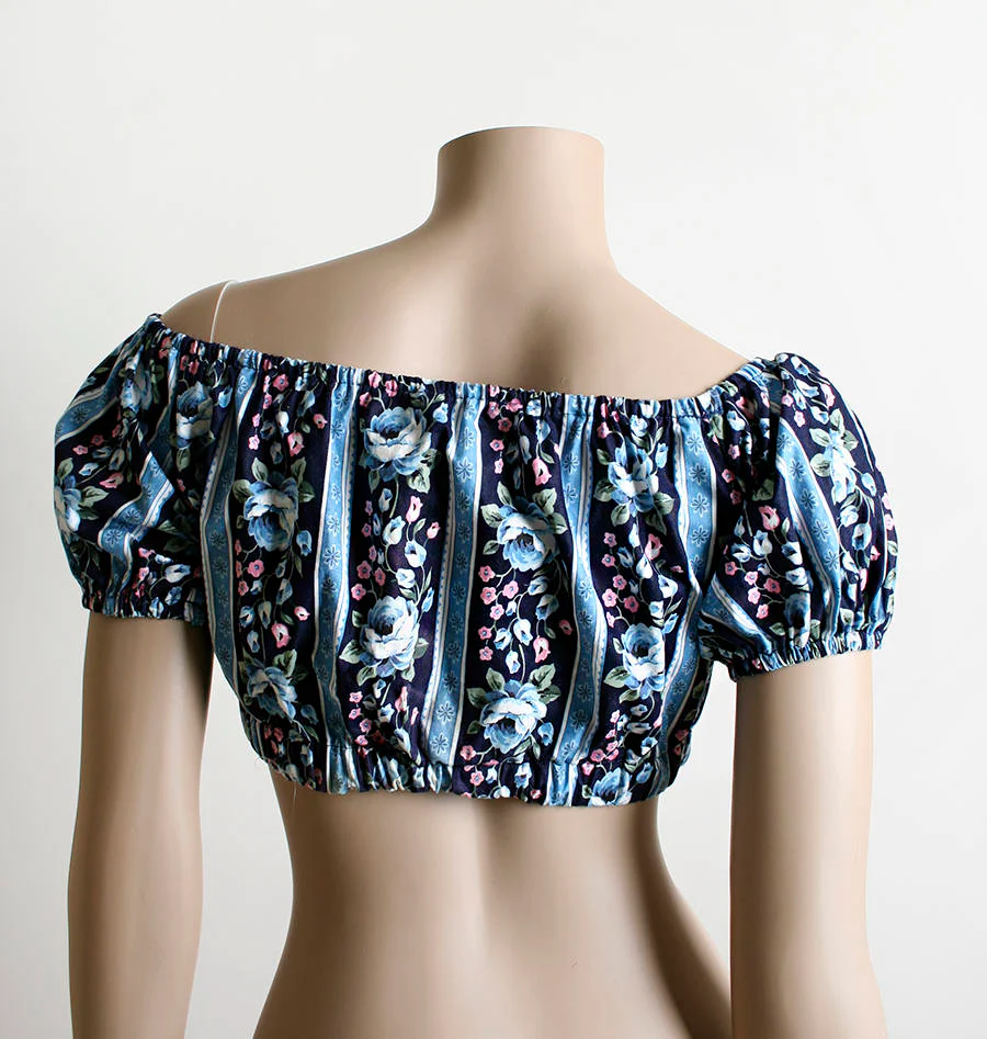 Vintage Floral Half Top Crop Top In Shades of Navy and Sky Blue Rose Print Flower Stripes Pin Up Off The Shoulder Top Small by Yes Clothing Co - Image 2