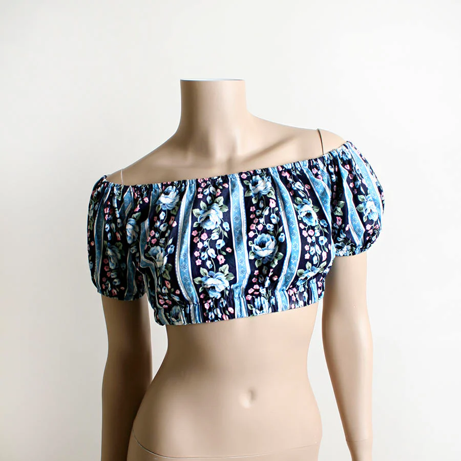 Vintage Floral Half Top Crop Top In Shades of Navy and Sky Blue Rose Print Flower Stripes Pin Up Off The Shoulder Top Small by Yes Clothing Co - Image 3