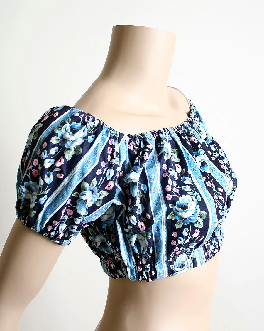 Vintage Floral Half Top Crop Top In Shades of Navy and Sky Blue Rose Print Flower Stripes Pin Up Off The Shoulder Top Small by Yes Clothing Co - Image 4