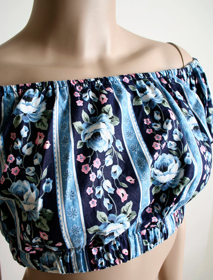 Vintage Floral Half Top Crop Top In Shades of Navy and Sky Blue Rose Print Flower Stripes Pin Up Off The Shoulder Top Small by Yes Clothing Co - Image 5