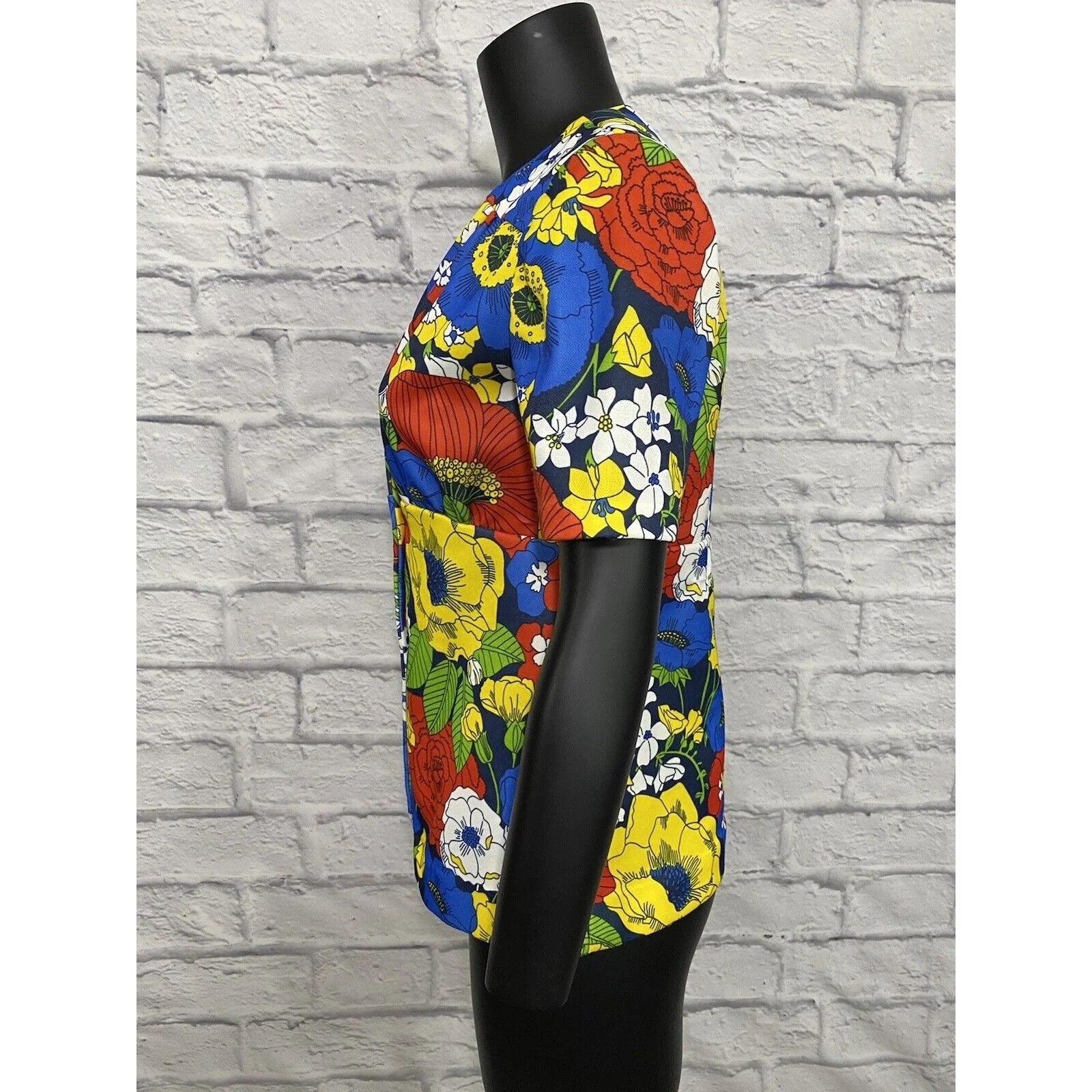 Vintage Floral Handmade Disco Shirt Bold Bright V-Neck M 60s Groovy Pub Crawl - Image 6