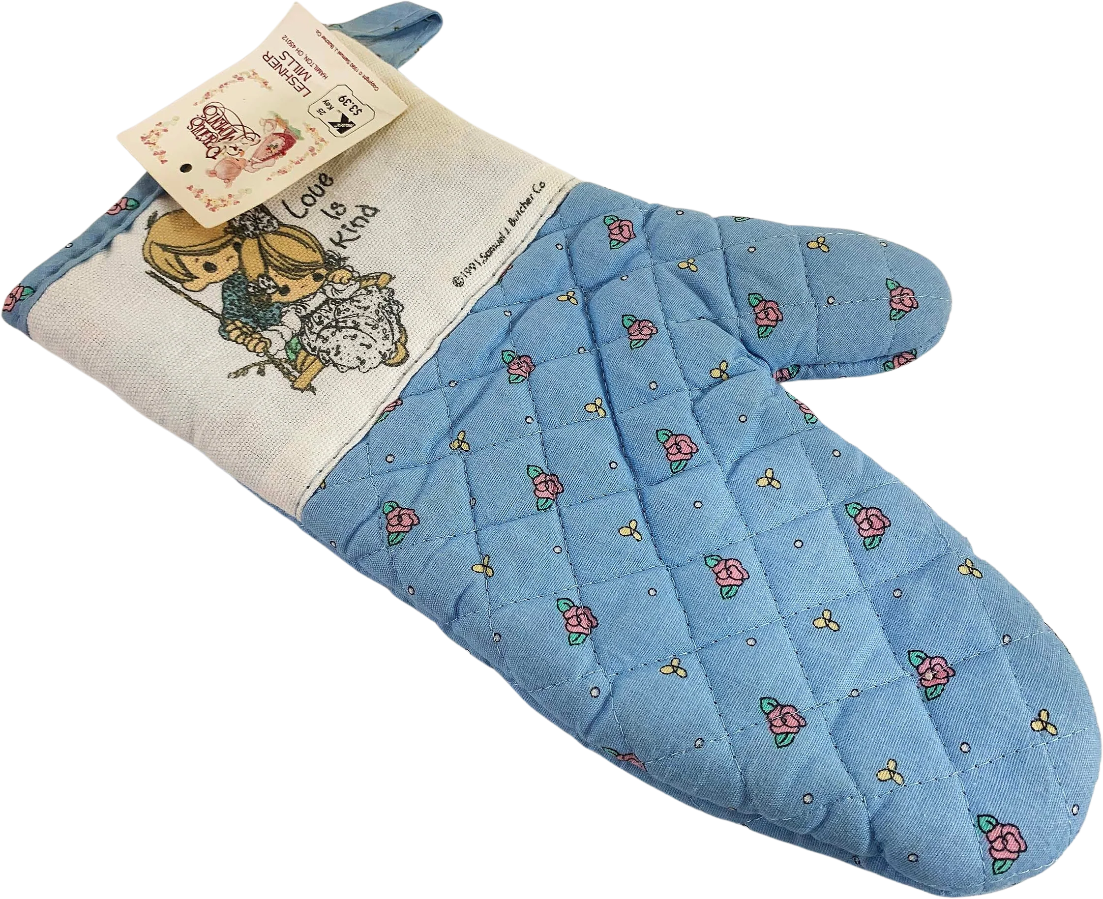Vintage Floral Oven Mitt Precious Moments Pot Holder Baby Blue Farmhouse Mid-Century Retro Kitschy Kitsch Thanksgiving 90s by Leshner Mills