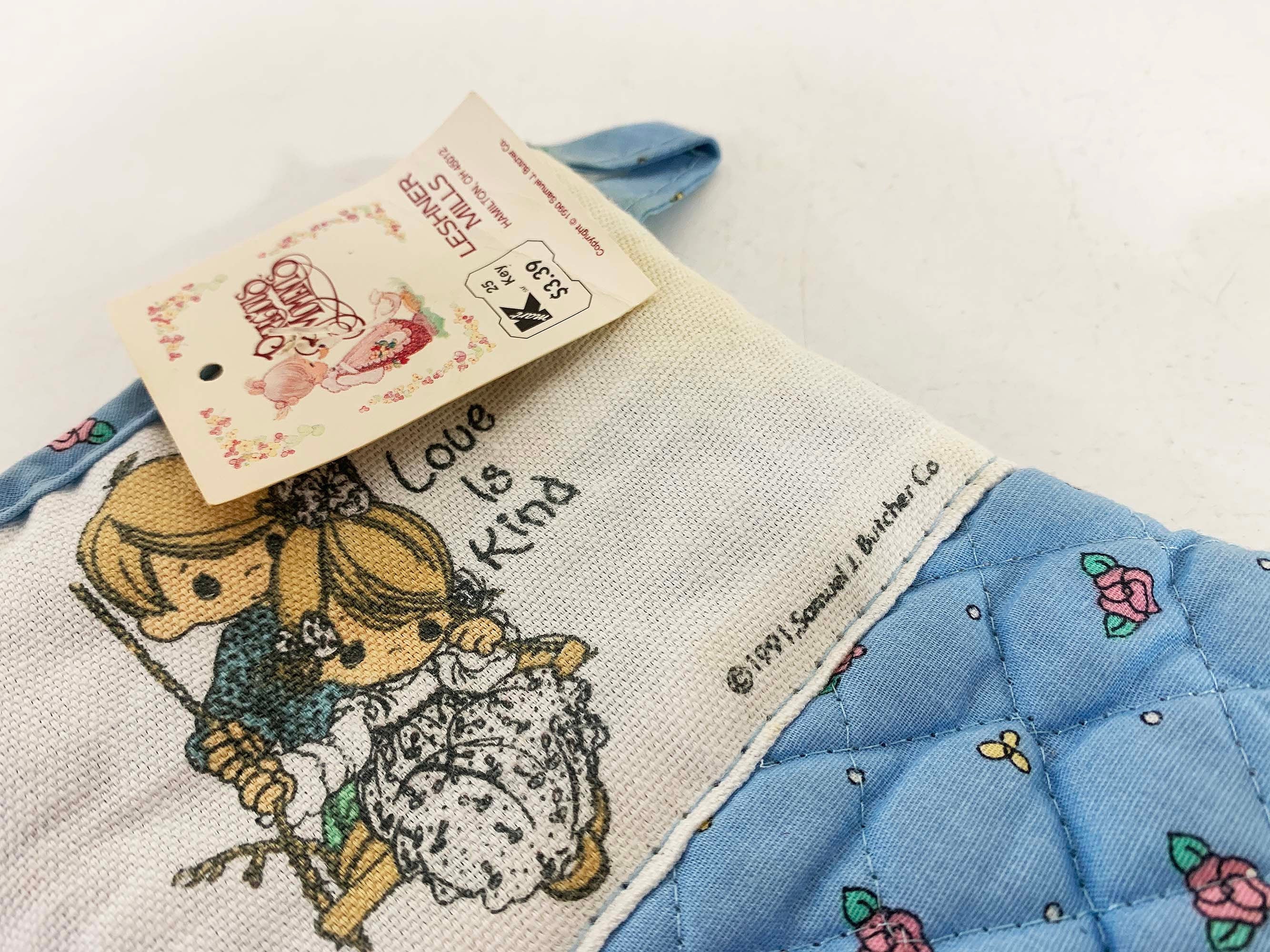 Vintage Floral Oven Mitt Precious Moments Pot Holder Baby Blue Farmhouse Mid-Century Retro Kitschy Kitsch Thanksgiving 90s by Leshner Mills - Image 2