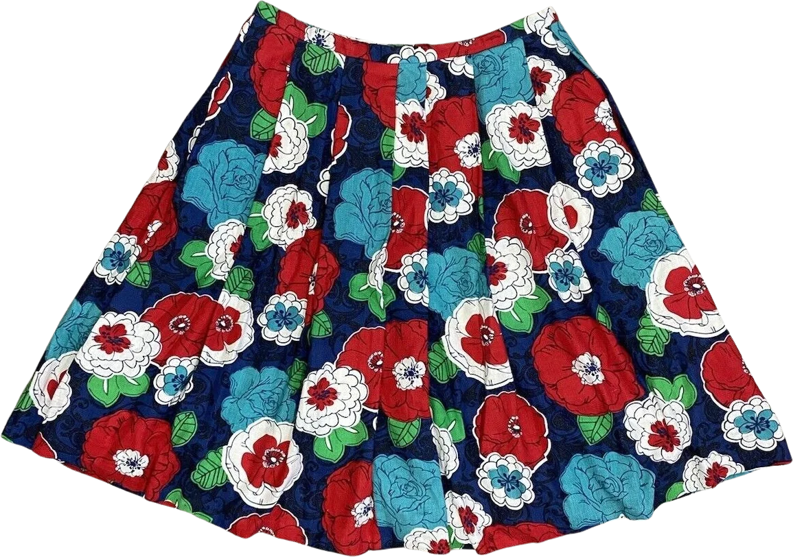 Vintage Floral Pleated Skirt Lined L 70s Full Knee Length