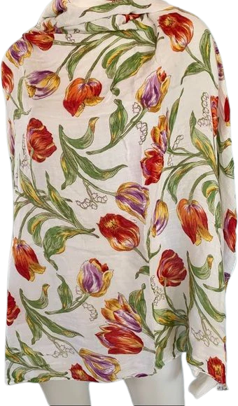 Vintage Floral Square Scarf Tulip Print Rayon Crepe Lightweight