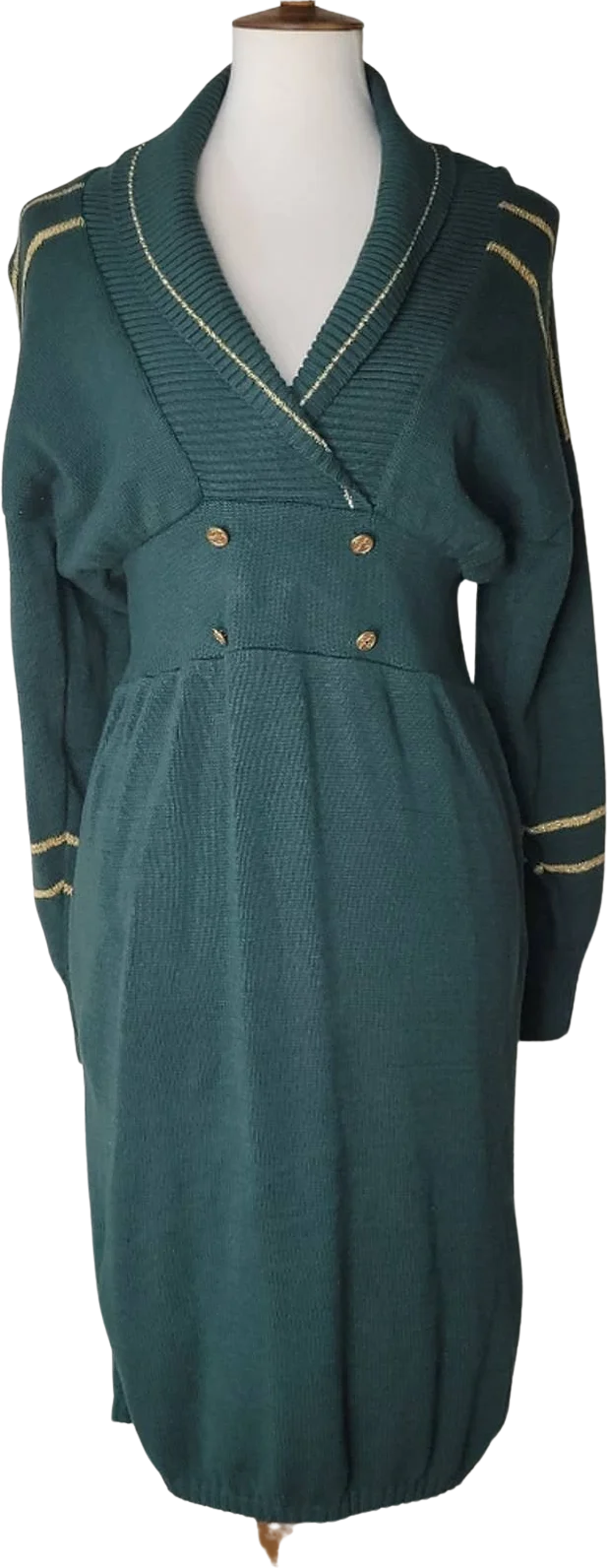 Vintage Forest Green and Gold Long-Sleeved Sweater Dress with Shawl Collar