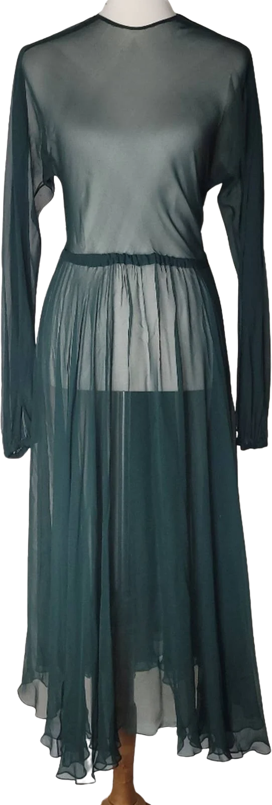 Vintage Forest Green Sheer/see-Through Flowy Long-Sleeved Midi Dress