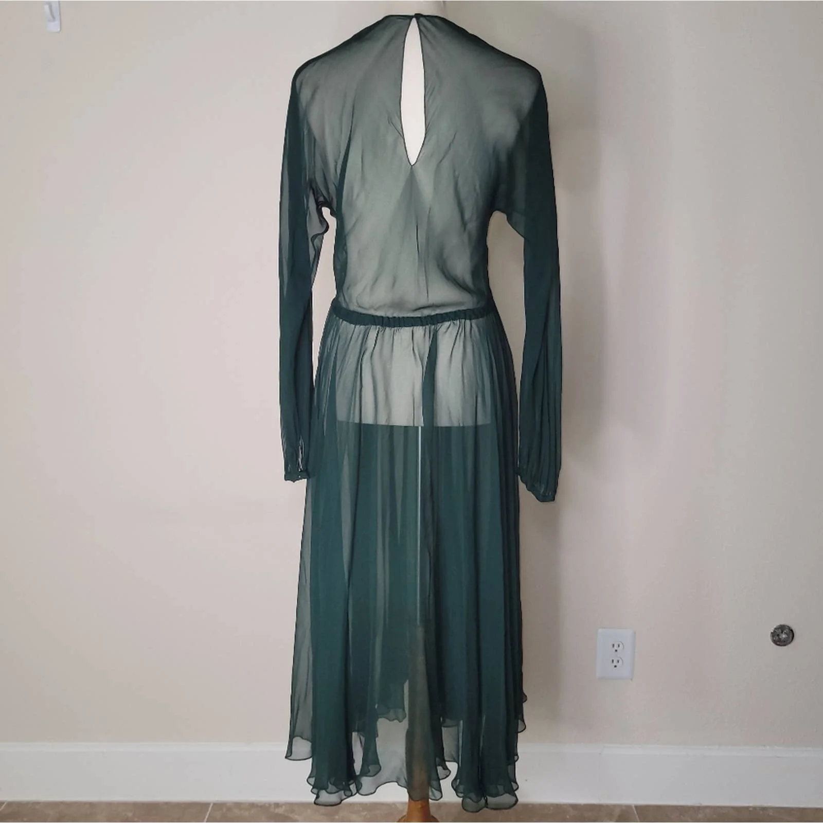 Vintage Forest Green Sheer/see-Through Flowy Long-Sleeved Midi Dress - Image 2